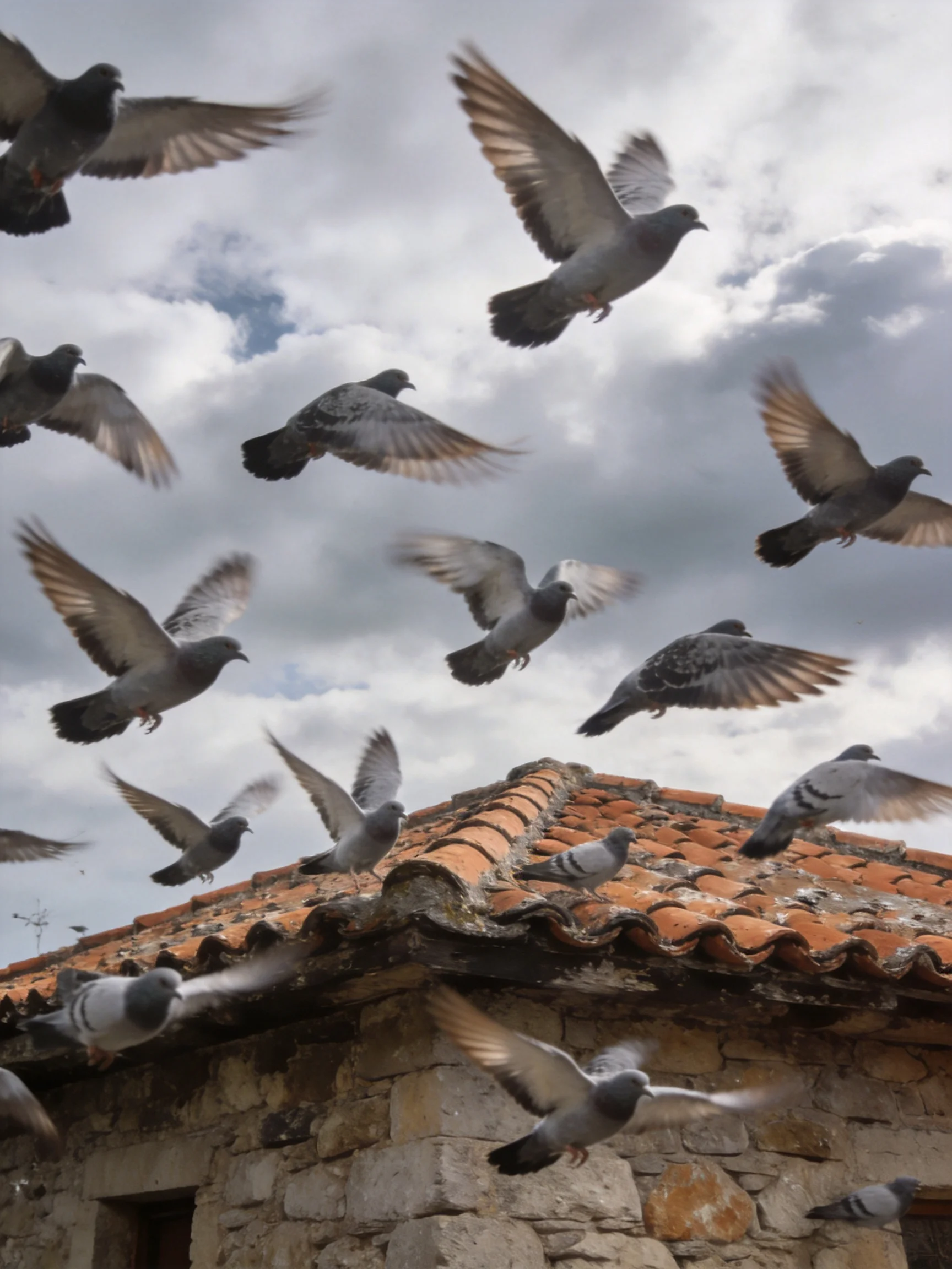 A flock of pigeons flies over an old stone building with a terracotta roof