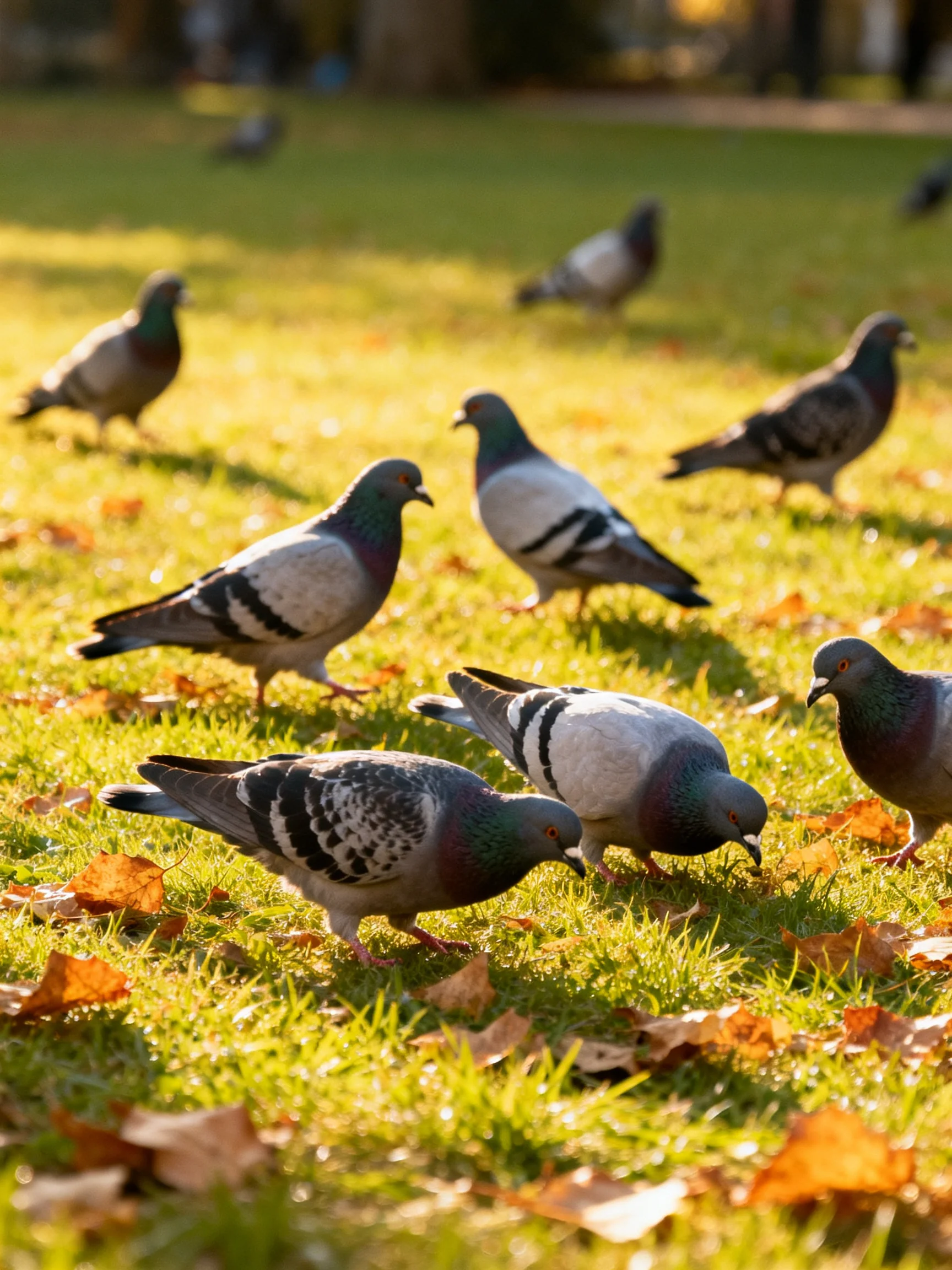 A flock of pigeons forages on grass with scattered autumn leaves