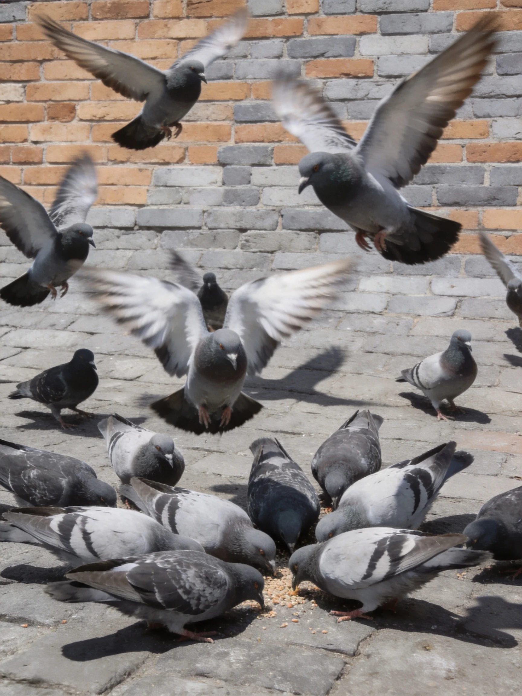A flock of pigeons gathered near a brick wall on cobblestones