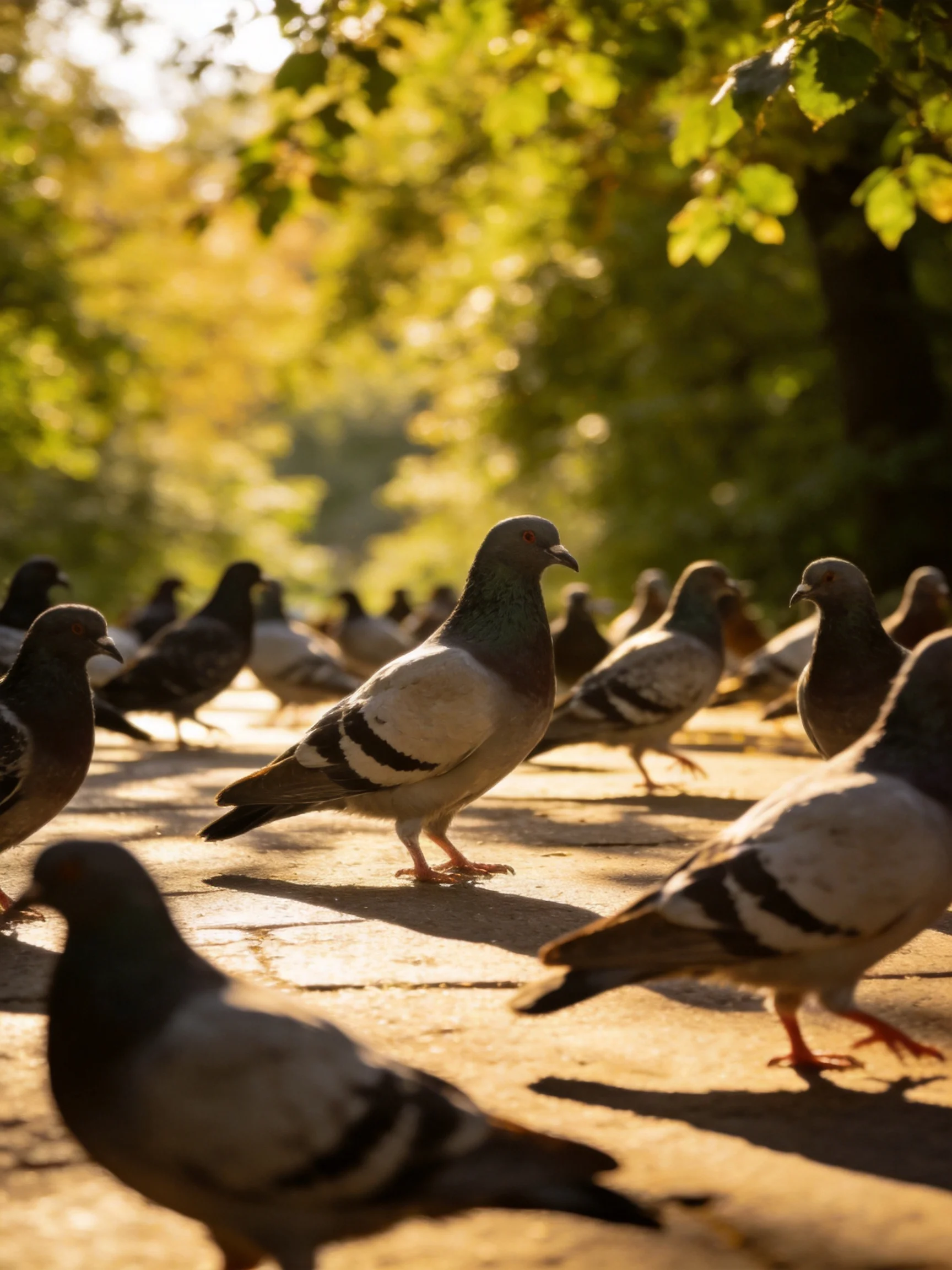 A flock of pigeons gathers on a sun-drenched path surrounded by lush green trees