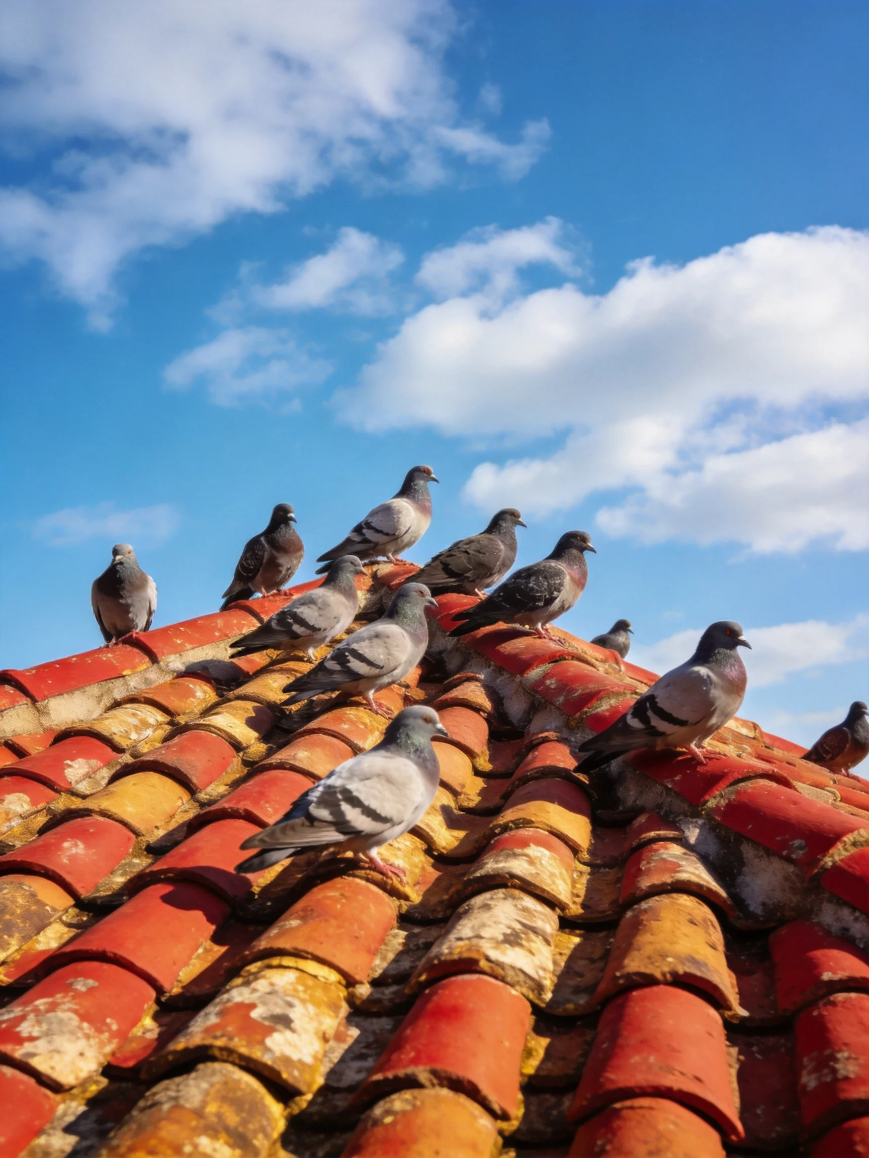 A flock of pigeons gathers on a weathered terracotta roof