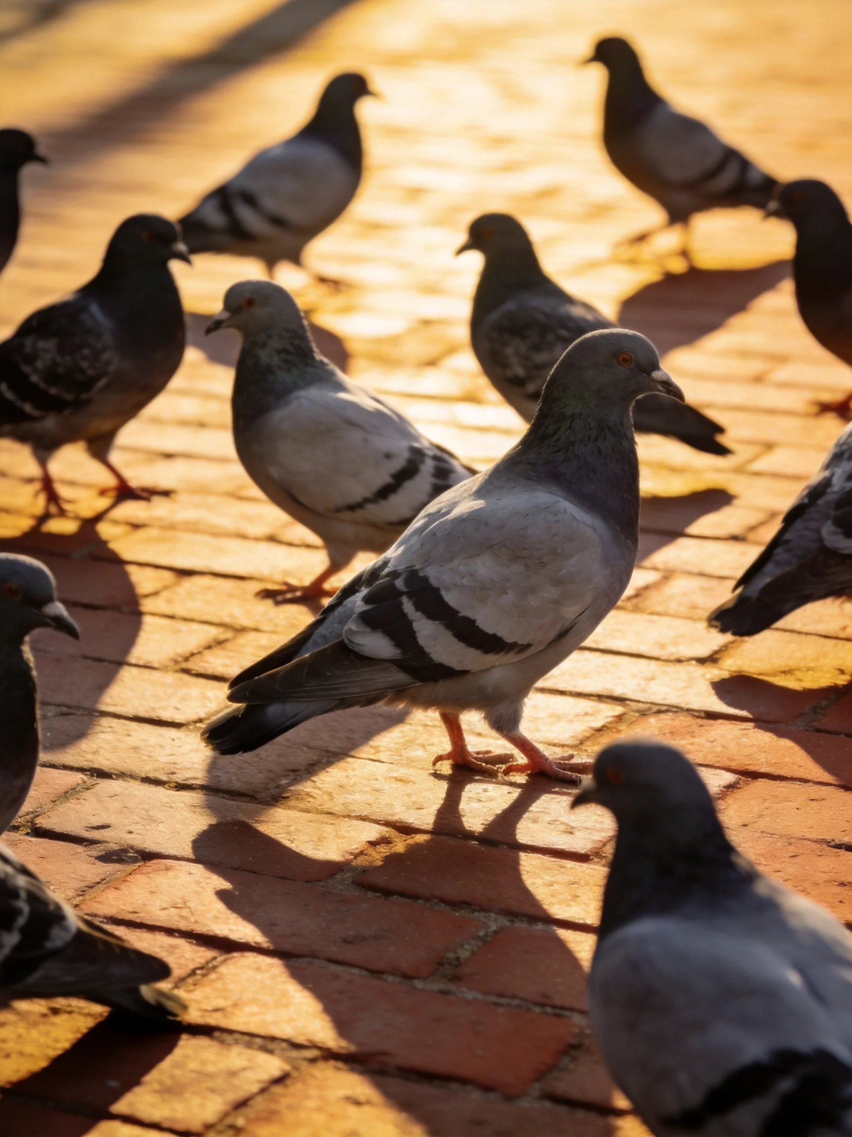 A flock of pigeons on a sunlit brick pavement