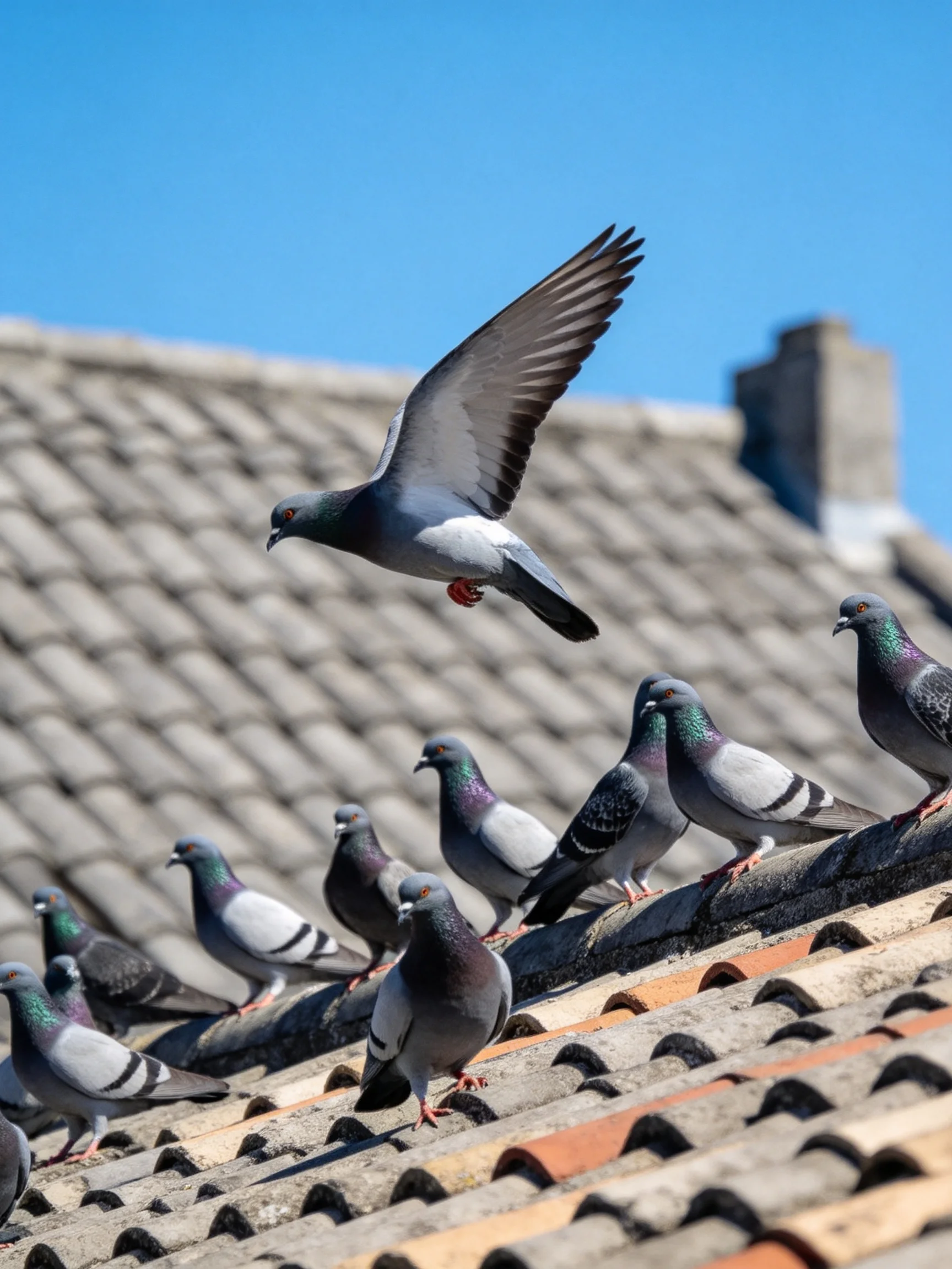 A flock of pigeons on a tiled roof with one in flight