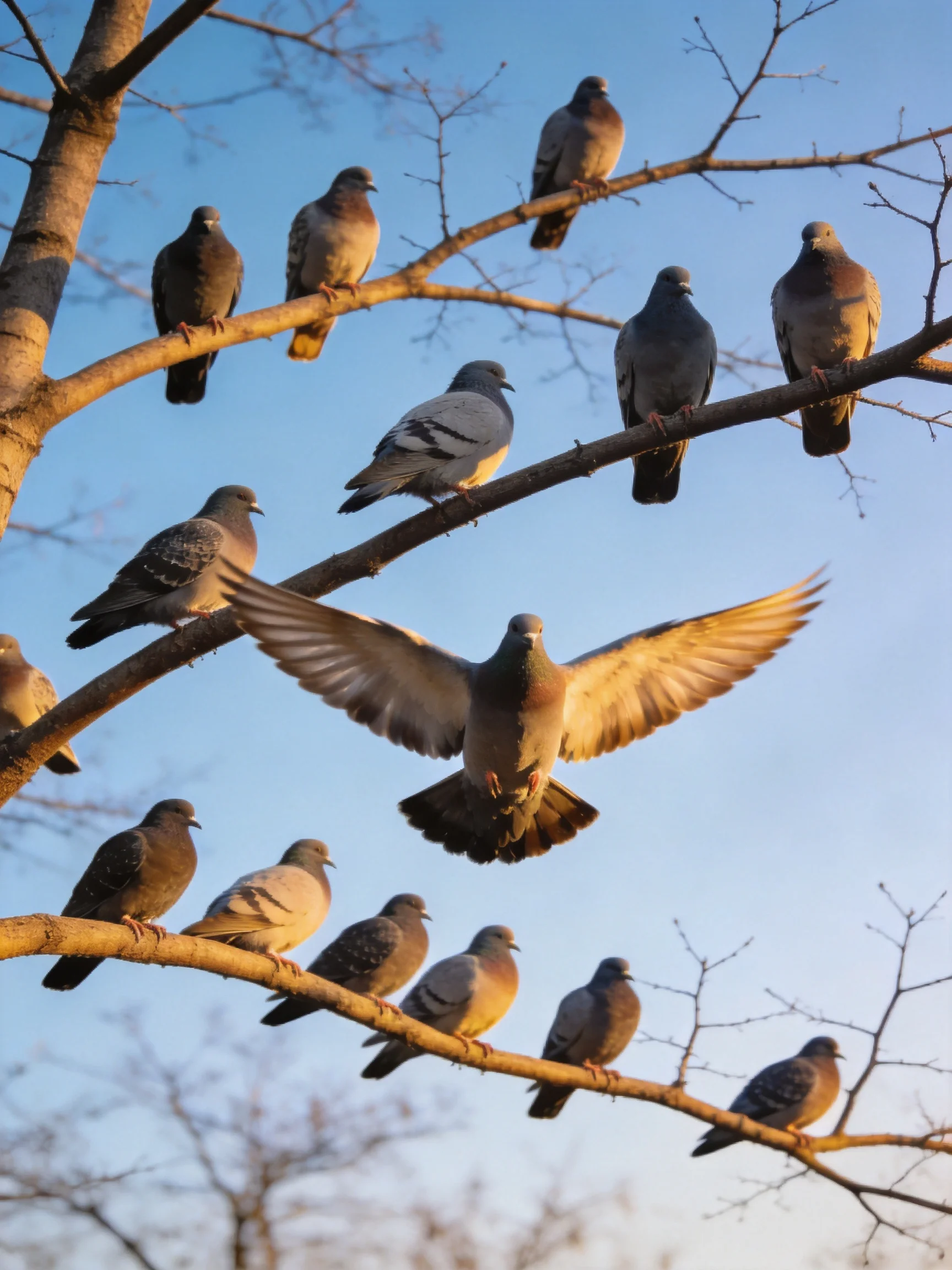 Pigeons perch on tree branches while one flies under a clear sky.