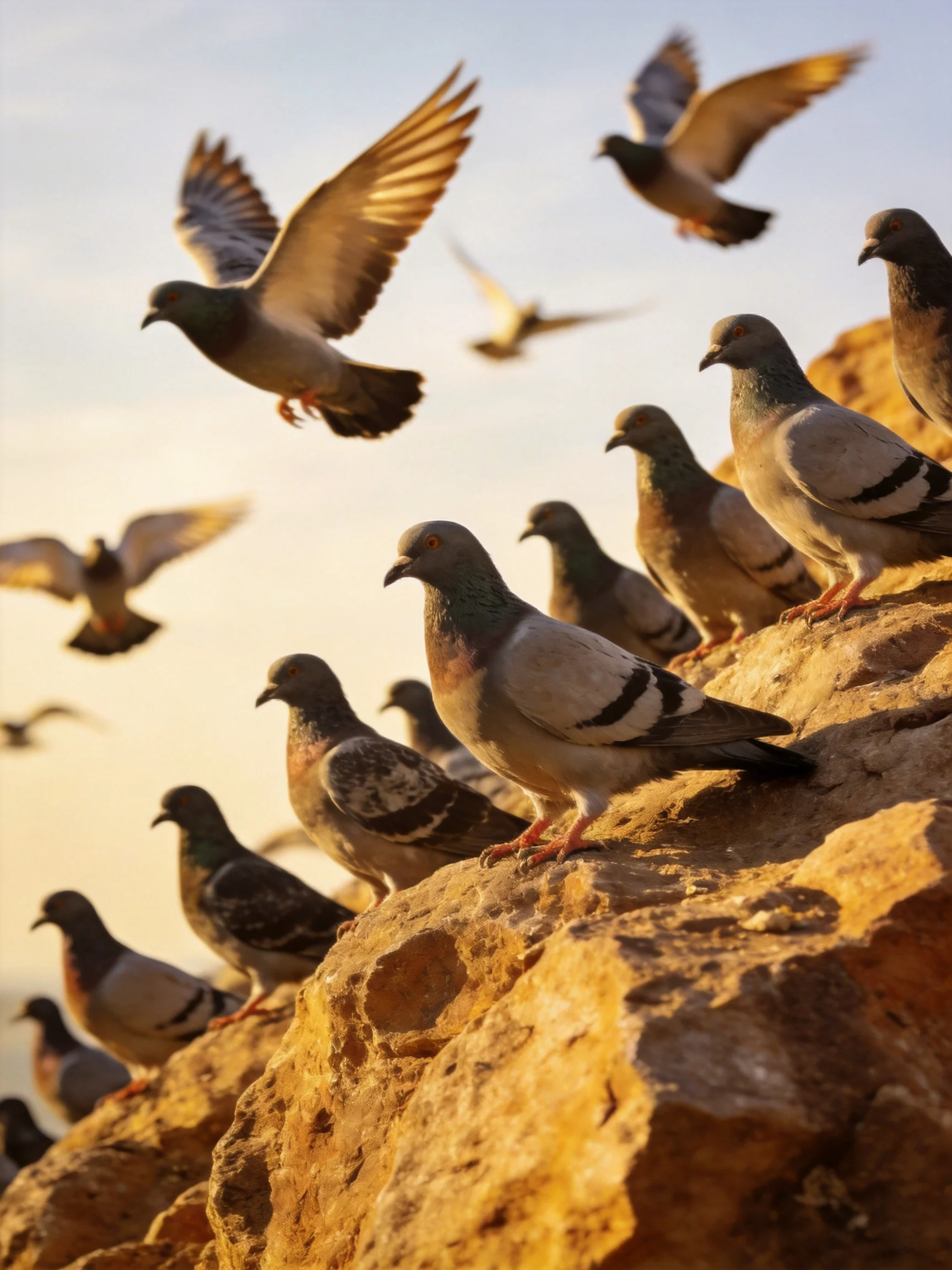 Pigeons gather on rocky cliffs, with some taking flight in sunny conditions.