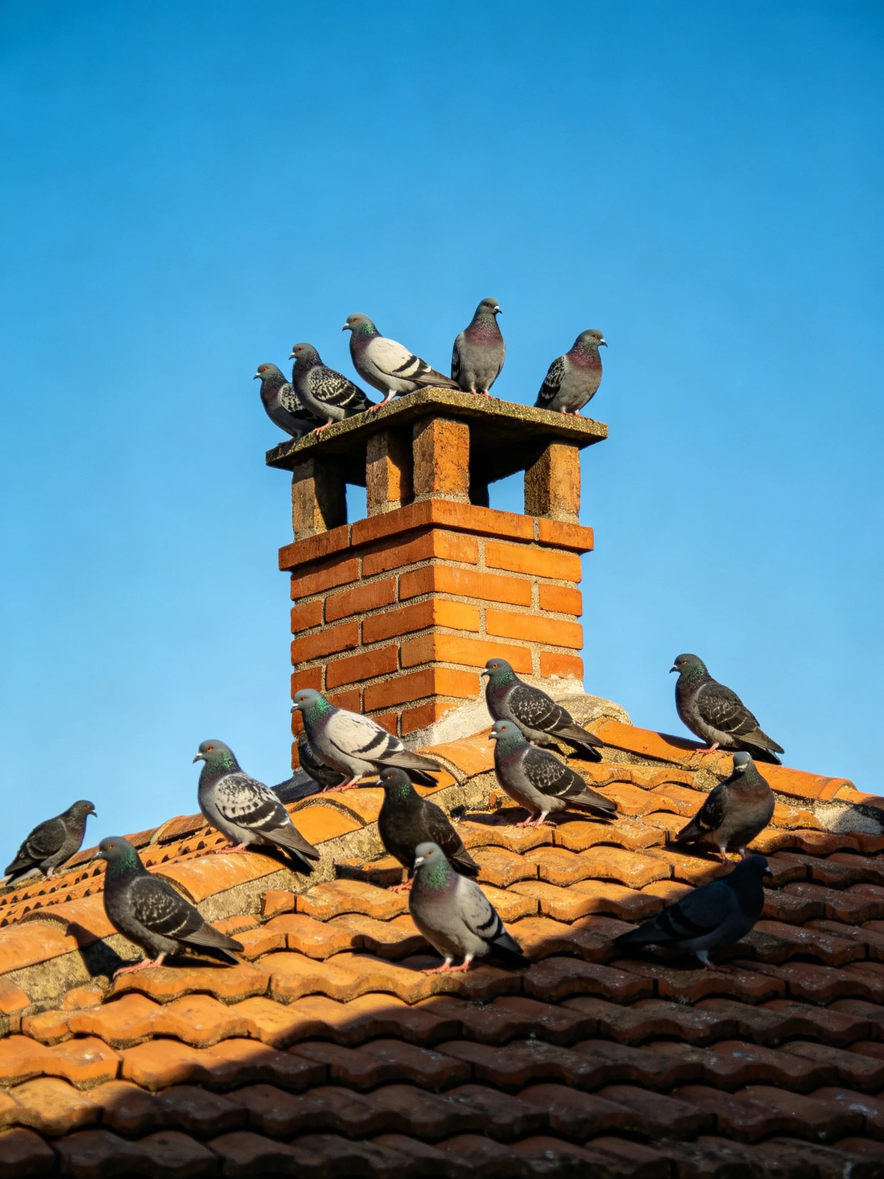 A flock of pigeons rests on a brick chimney and terracotta-tiled roof