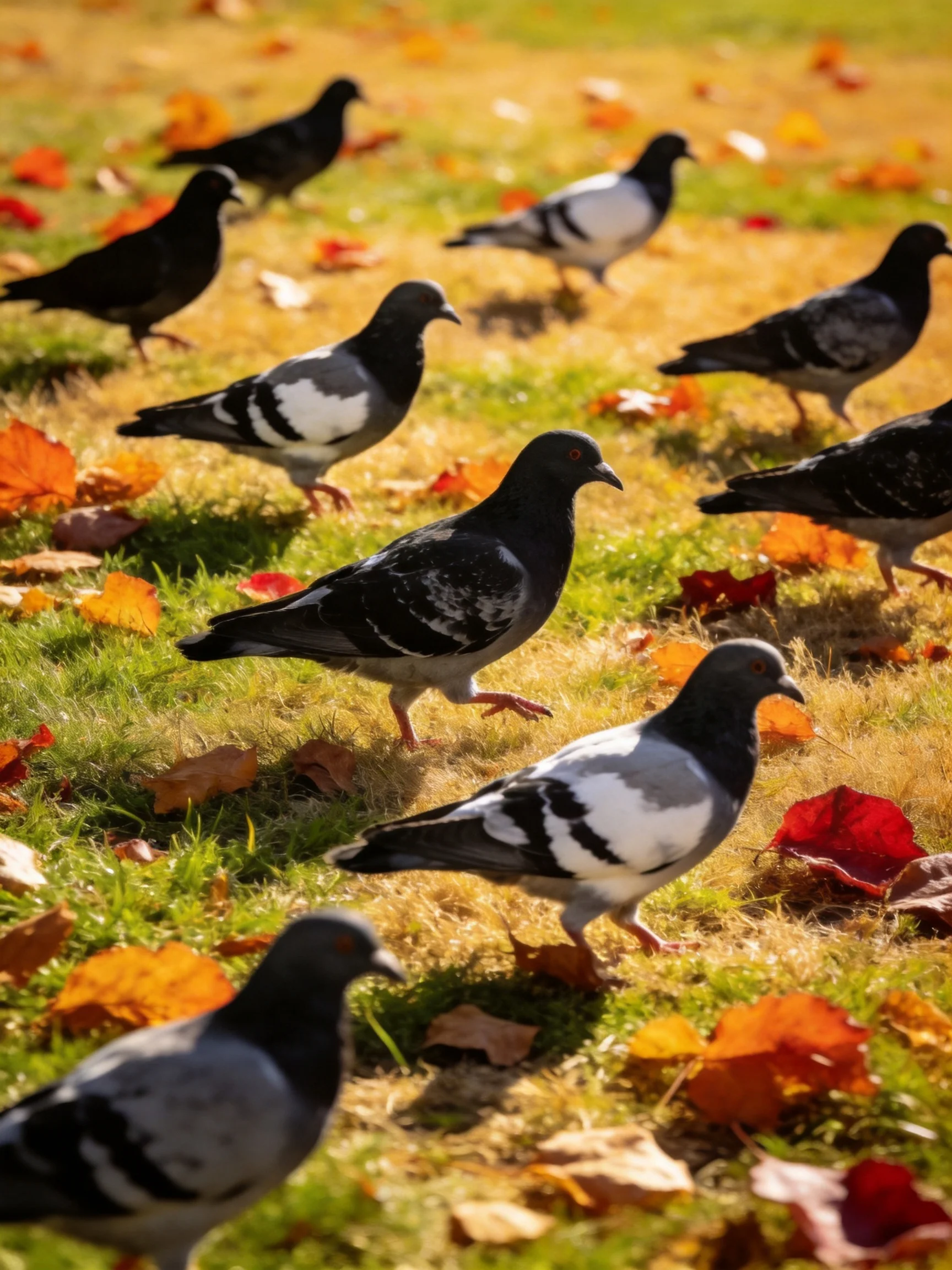 A flock of pigeons roams amid colorful autumn foliage on a grassy field