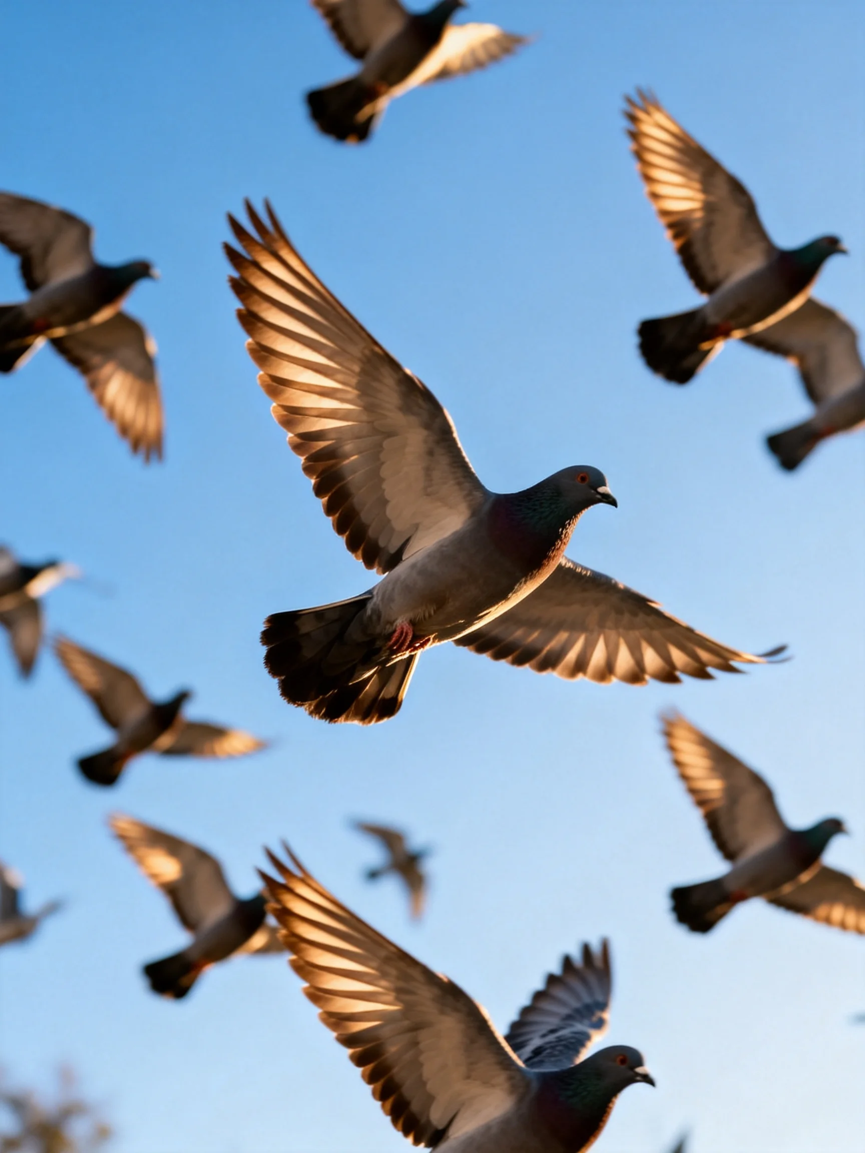 A flock of pigeons soaring in a clear blue sky