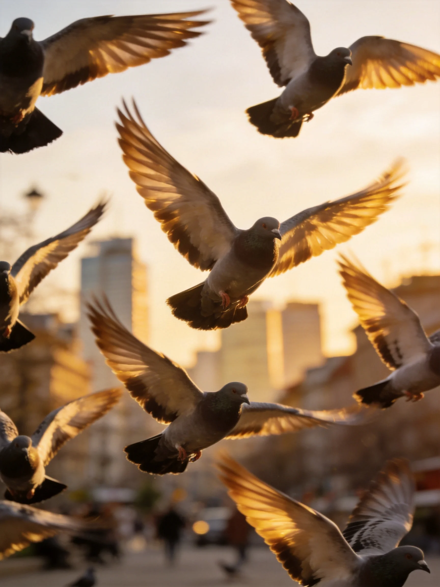 A flock of pigeons soaring in golden light over an urban backdrop