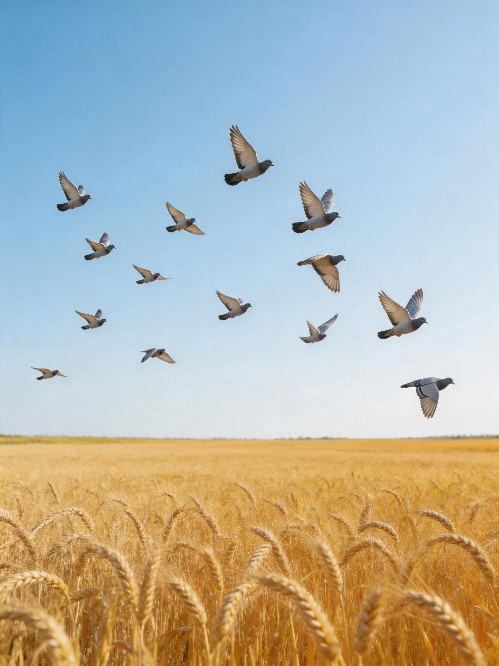 A flock of pigeons soars above golden wheat fields under clear blue sky