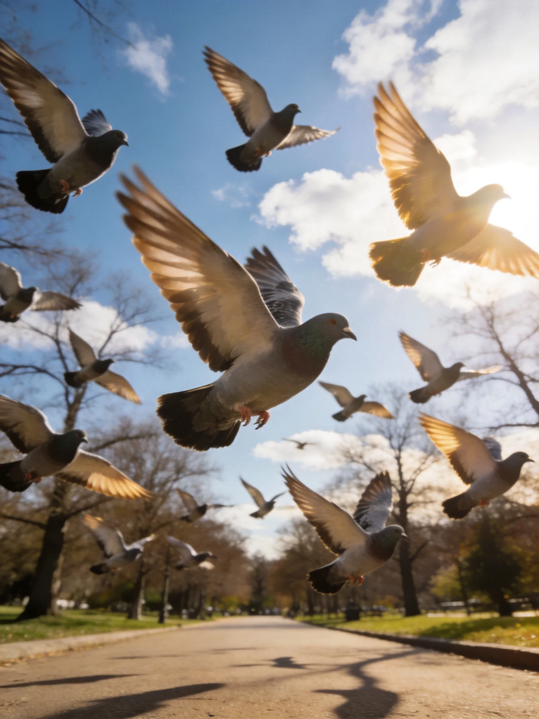 A flock of pigeons soars against a bright blue sky with golden sunlight
