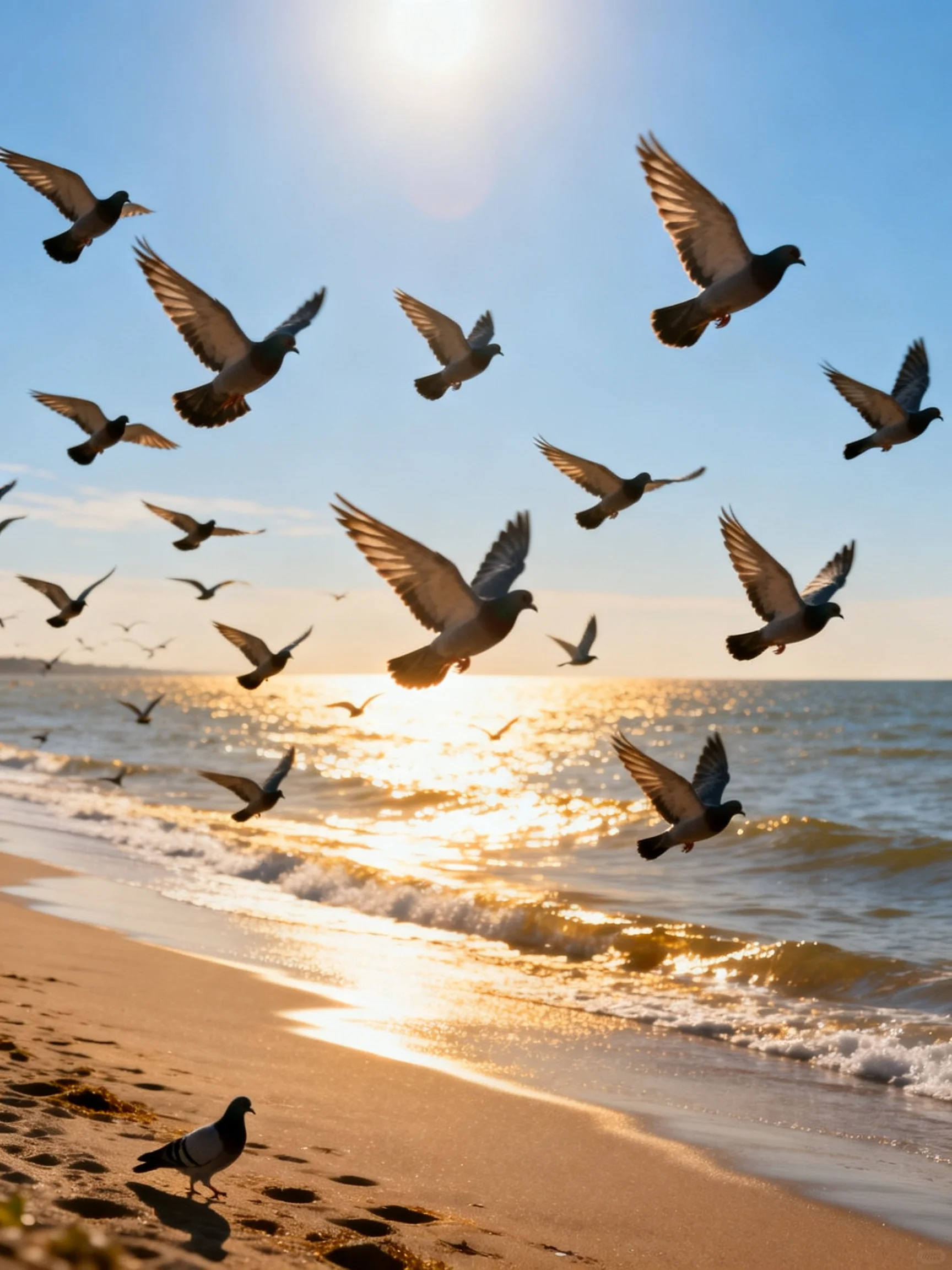 A flock of pigeons soars over a golden sandy shore at sunset