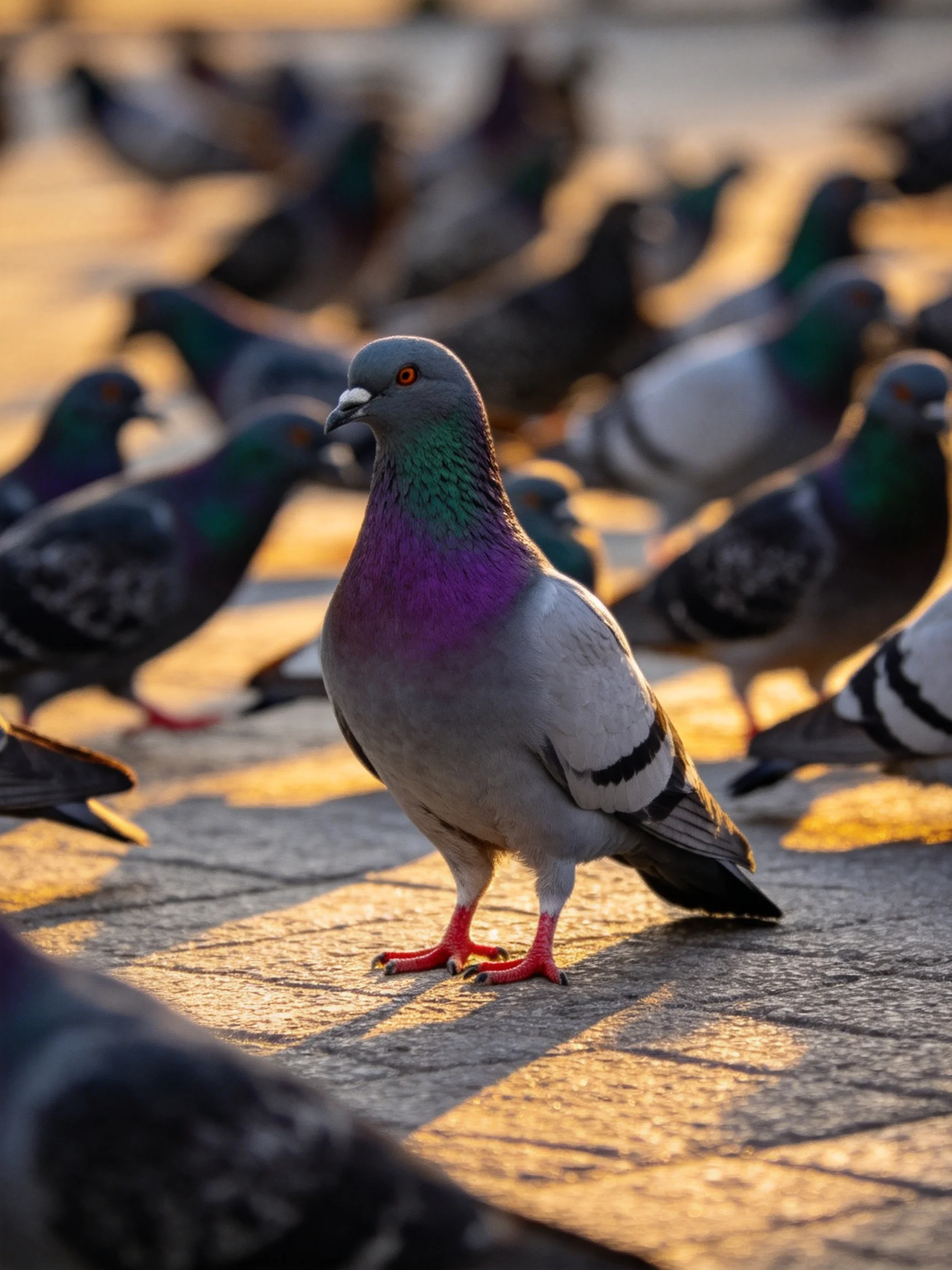 A flock of pigeons with colorful plumages on a sunlit stone pavement