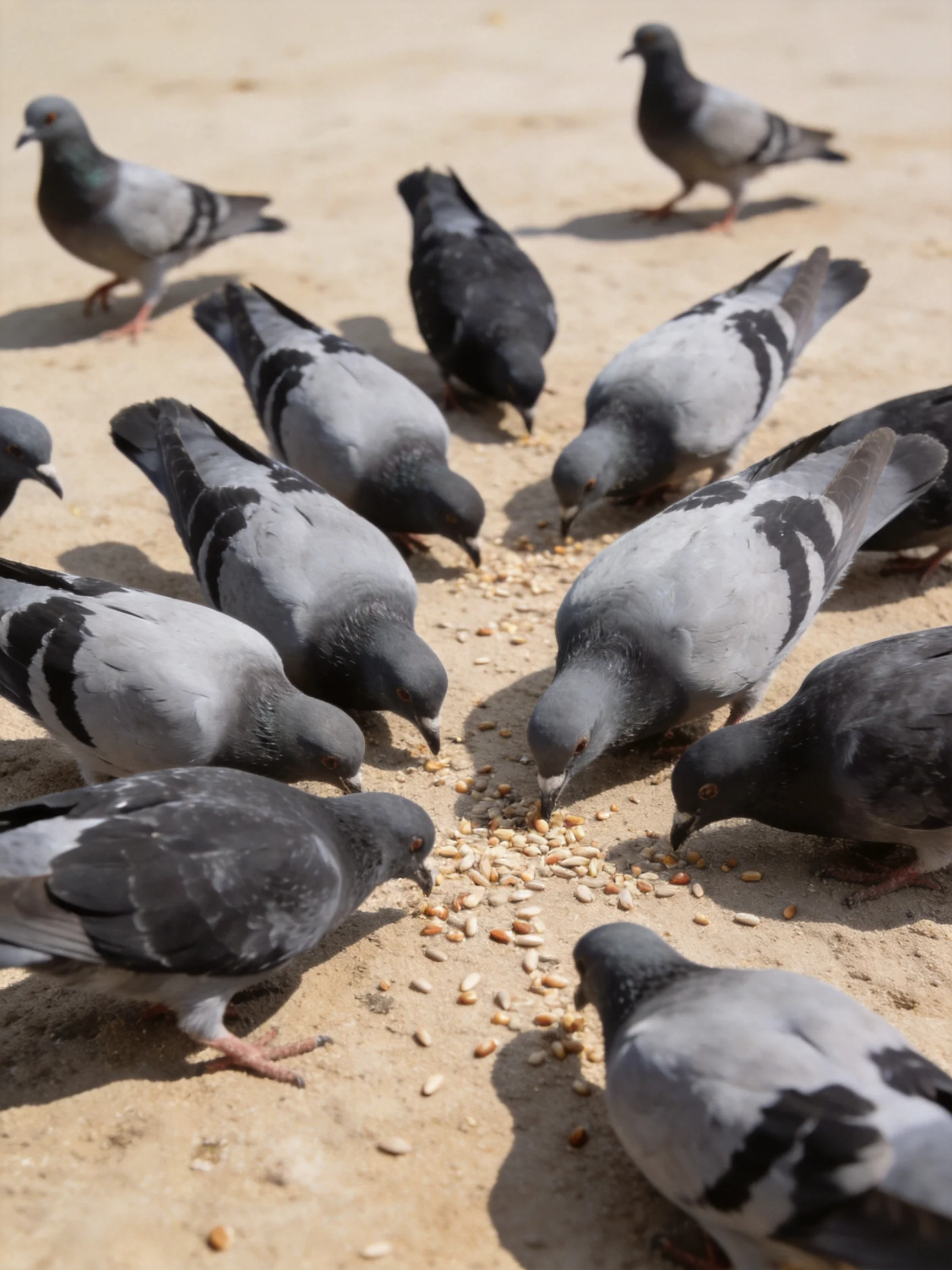 Pigeons gather around scattered seeds on a sandy surface.
