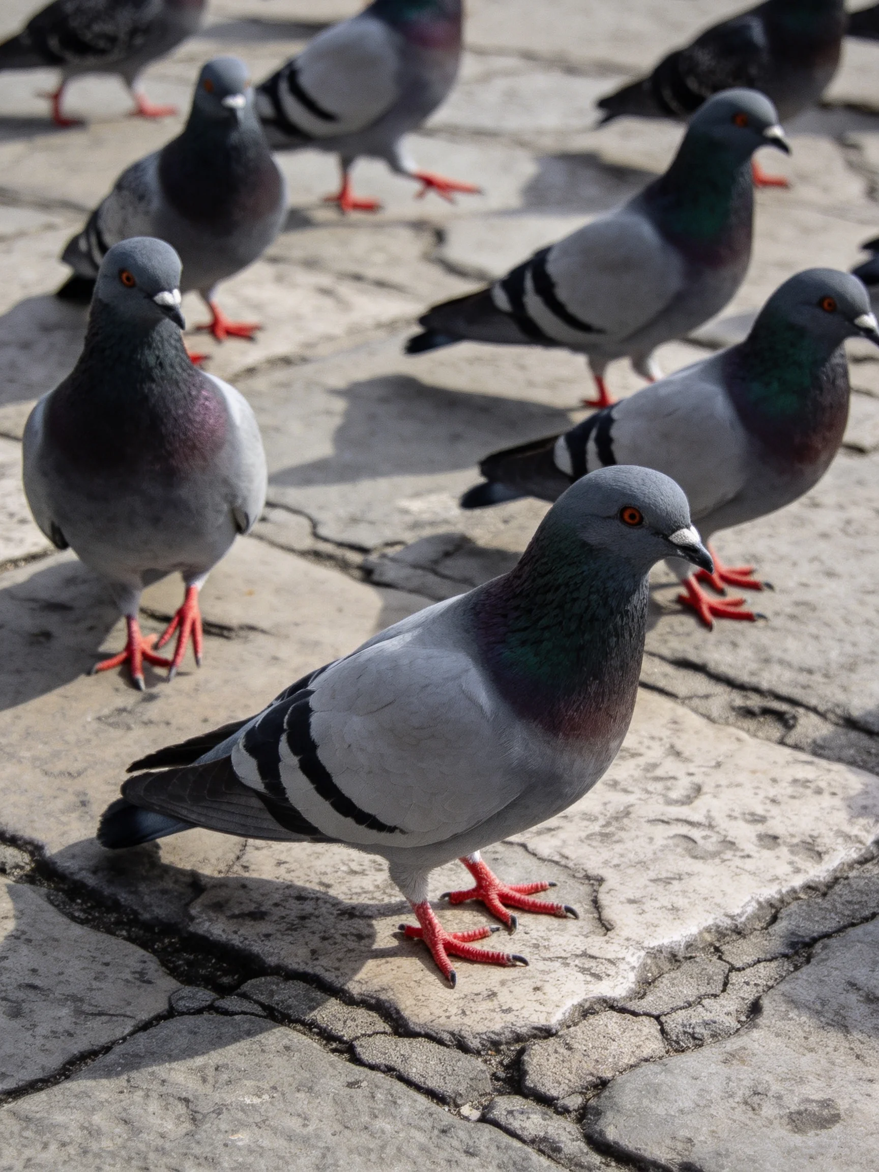 A flock of pigeons with gray, black, and green plumage on cracked stone pavement