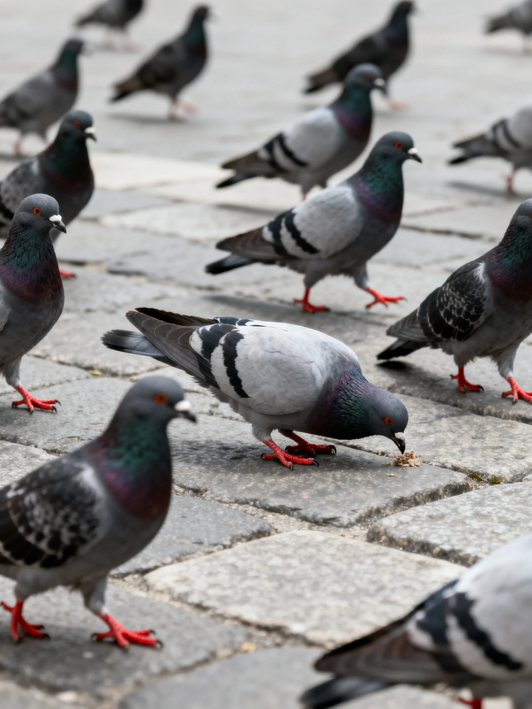 A flock of pigeons with gray, purple, and black plumage on stone pavement