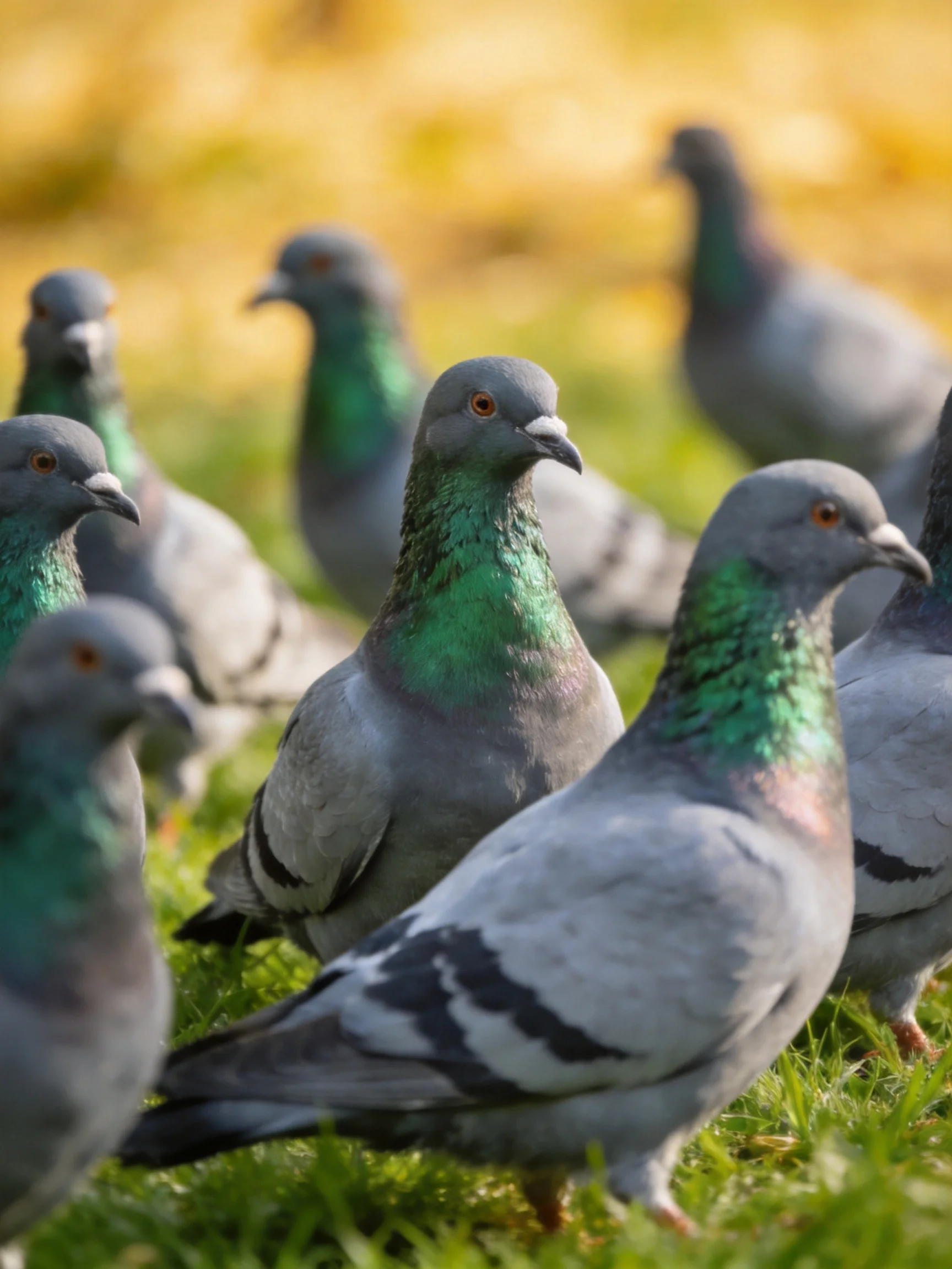 A flock of pigeons with iridescent green necks on lush grass