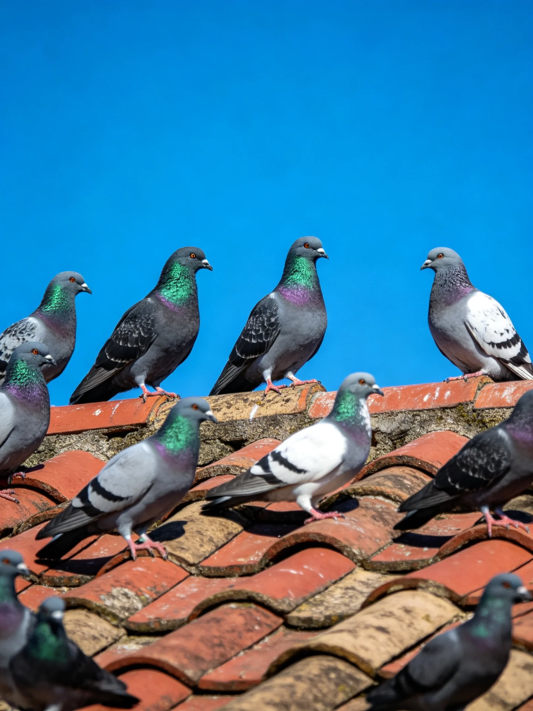 A flock of pigeons with iridescent plumage sits atop a terracotta-tiled roof under a clear blue sky