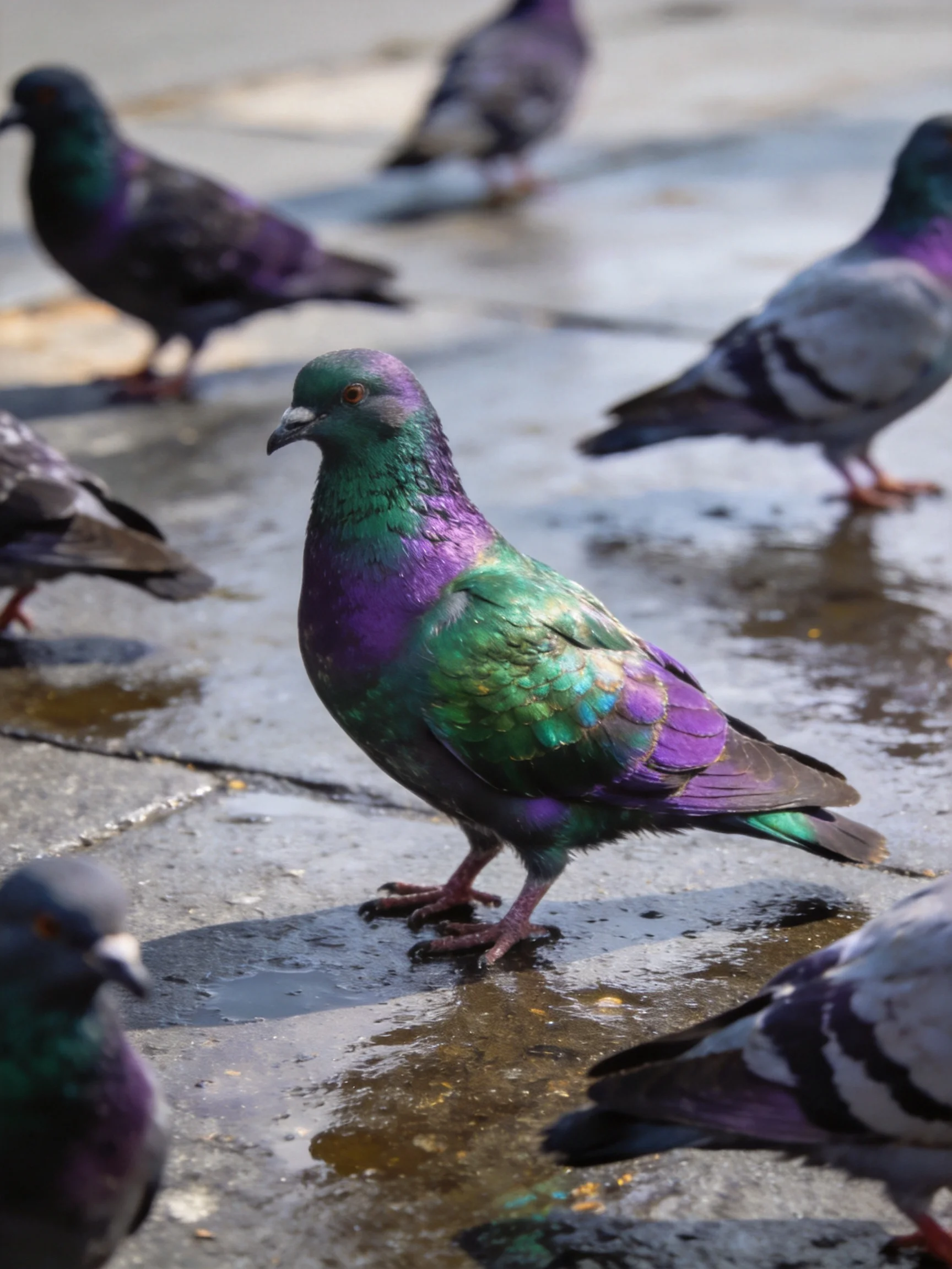 A flock of pigeons with one having iridescent green and purple feathers