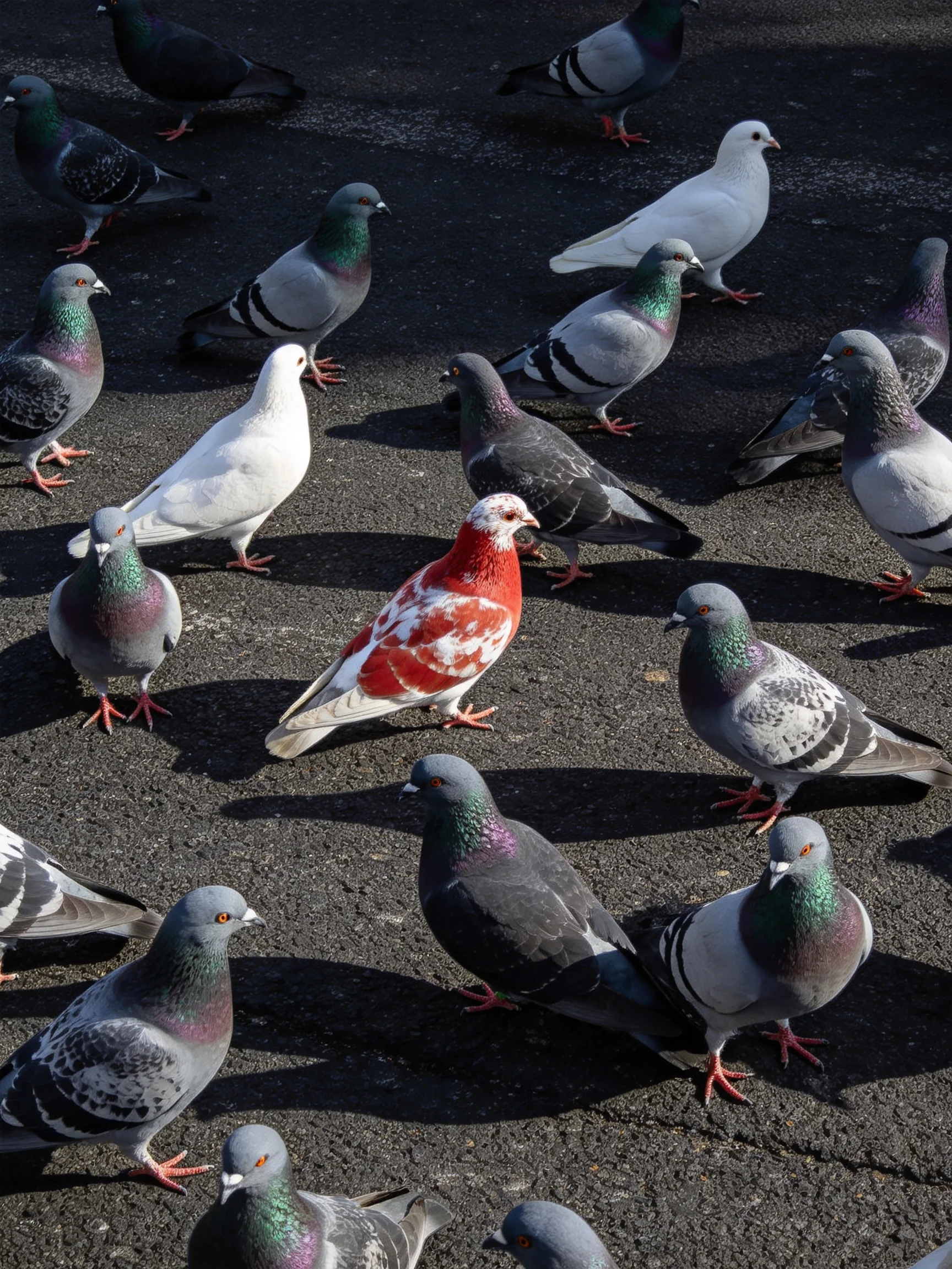 Many pigeons surround a uniquely colored pigeon on pavement.