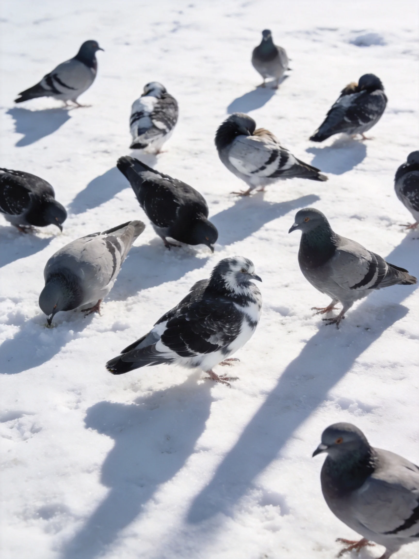 A flock of pigeons with varied plumage on snow