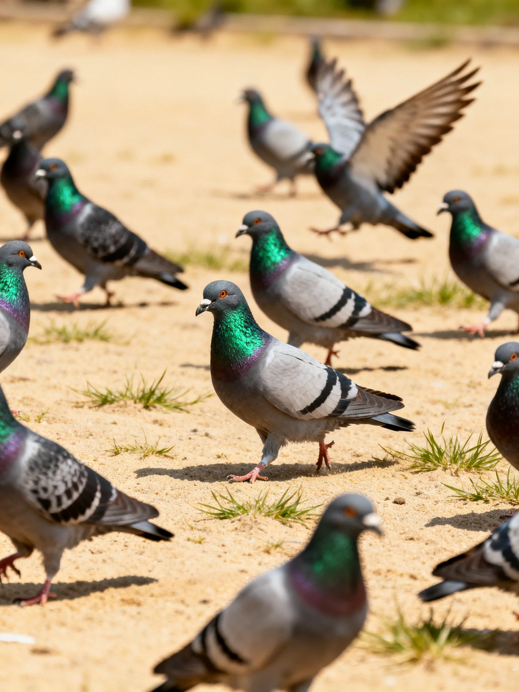 A group of colorful pigeons roams a sandy area with small grass patches.