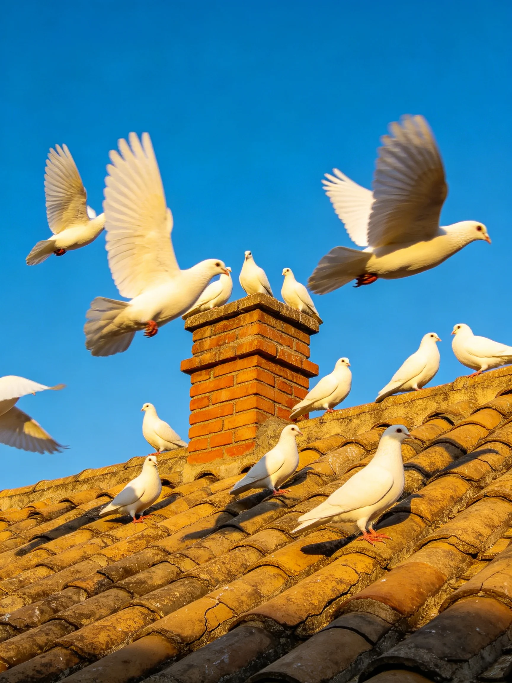 A flock of white doves on a terracotta-tiled roof with a brick chimney