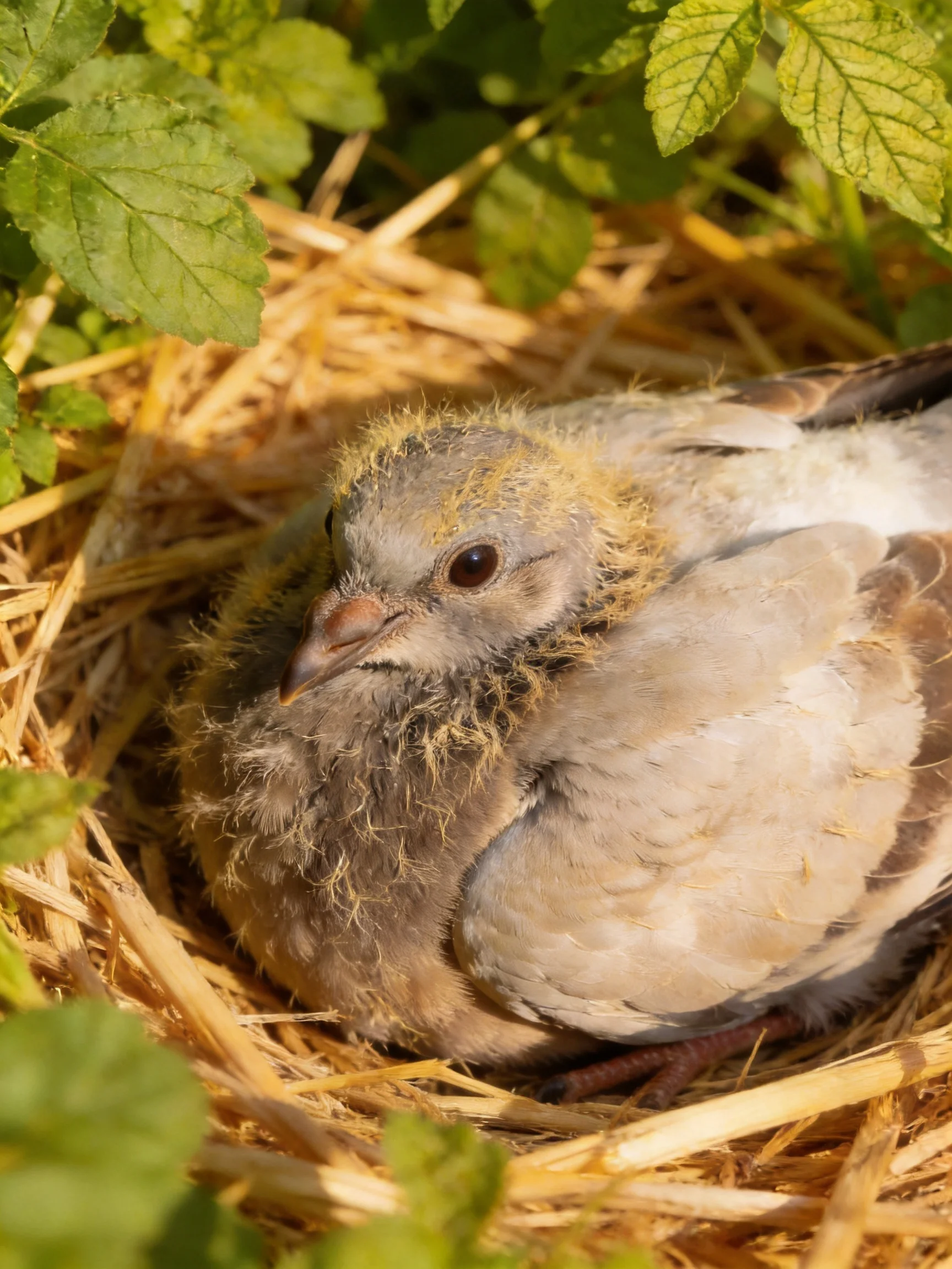 A fluffy gray chick resting in a golden straw nest amid green foliage