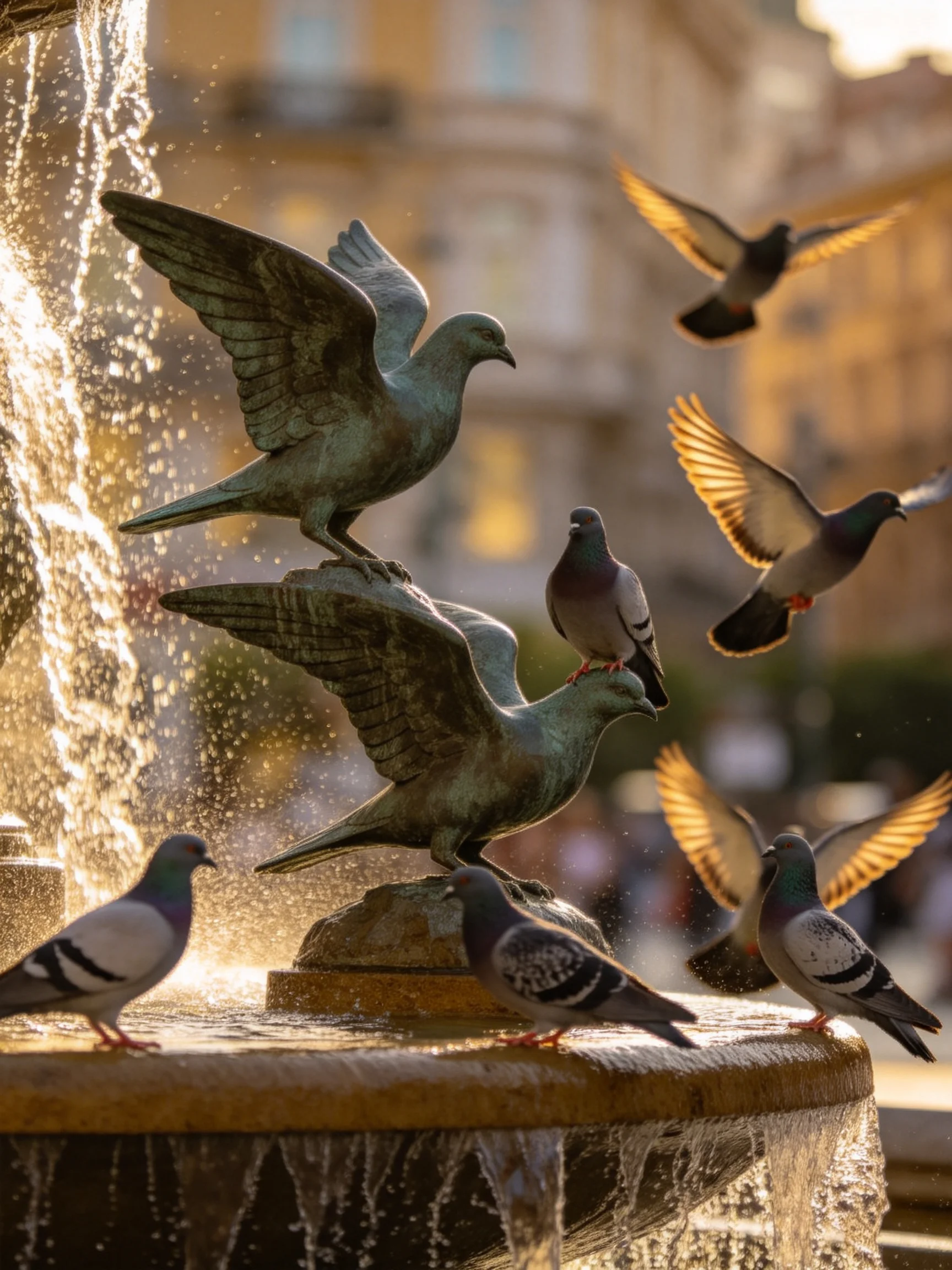 A fountain with bronze bird statues and pigeons in golden sunlight