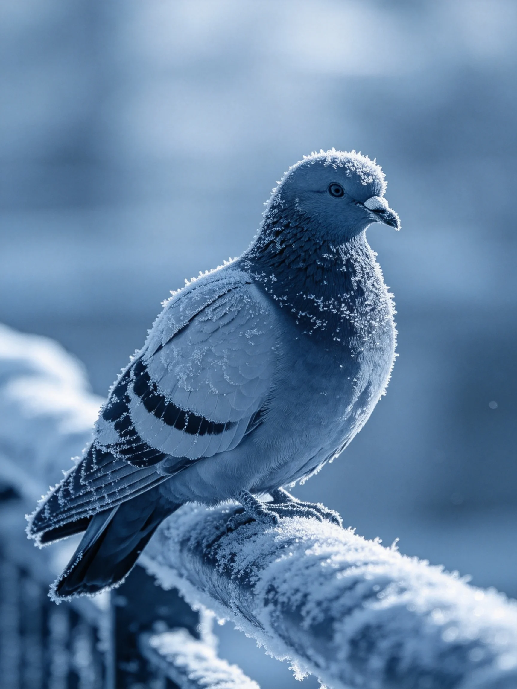 A pigeon with frost on its feathers sits on an icy railing.