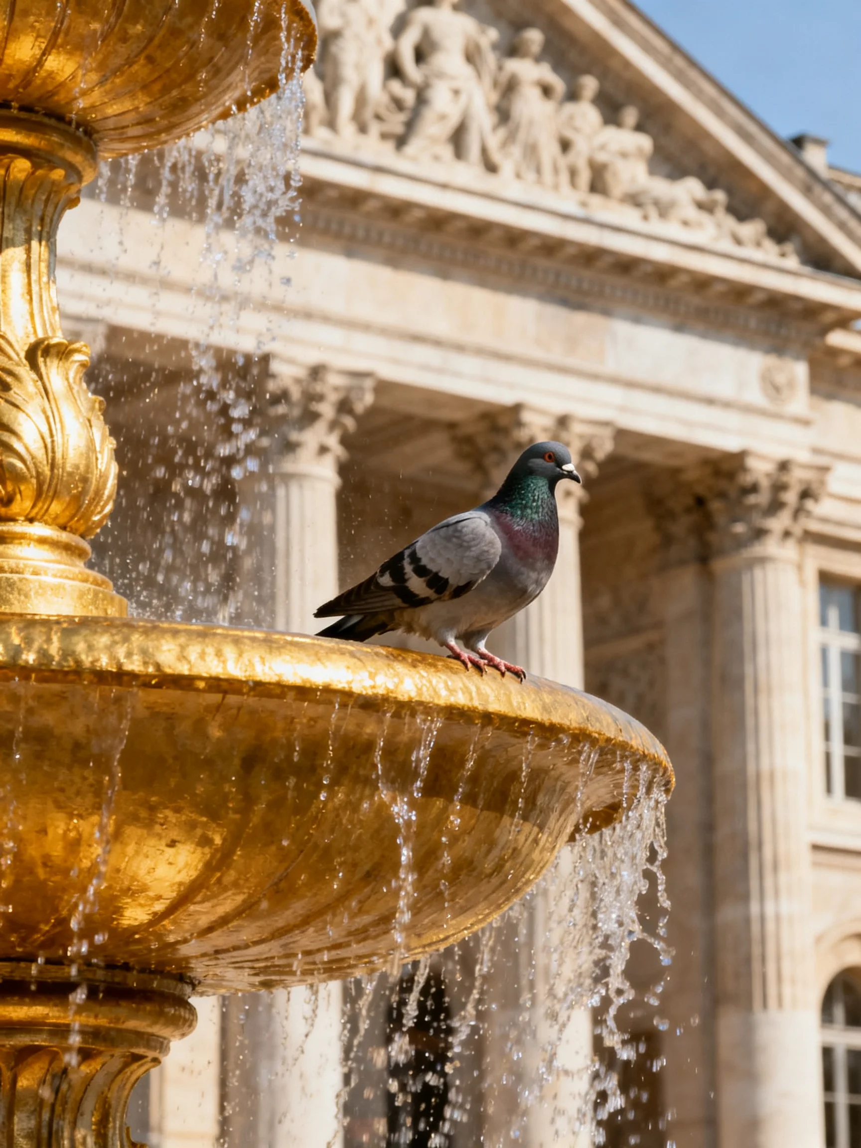A gilded fountain with cascading water, pigeon perched, beside grand classical architecture
