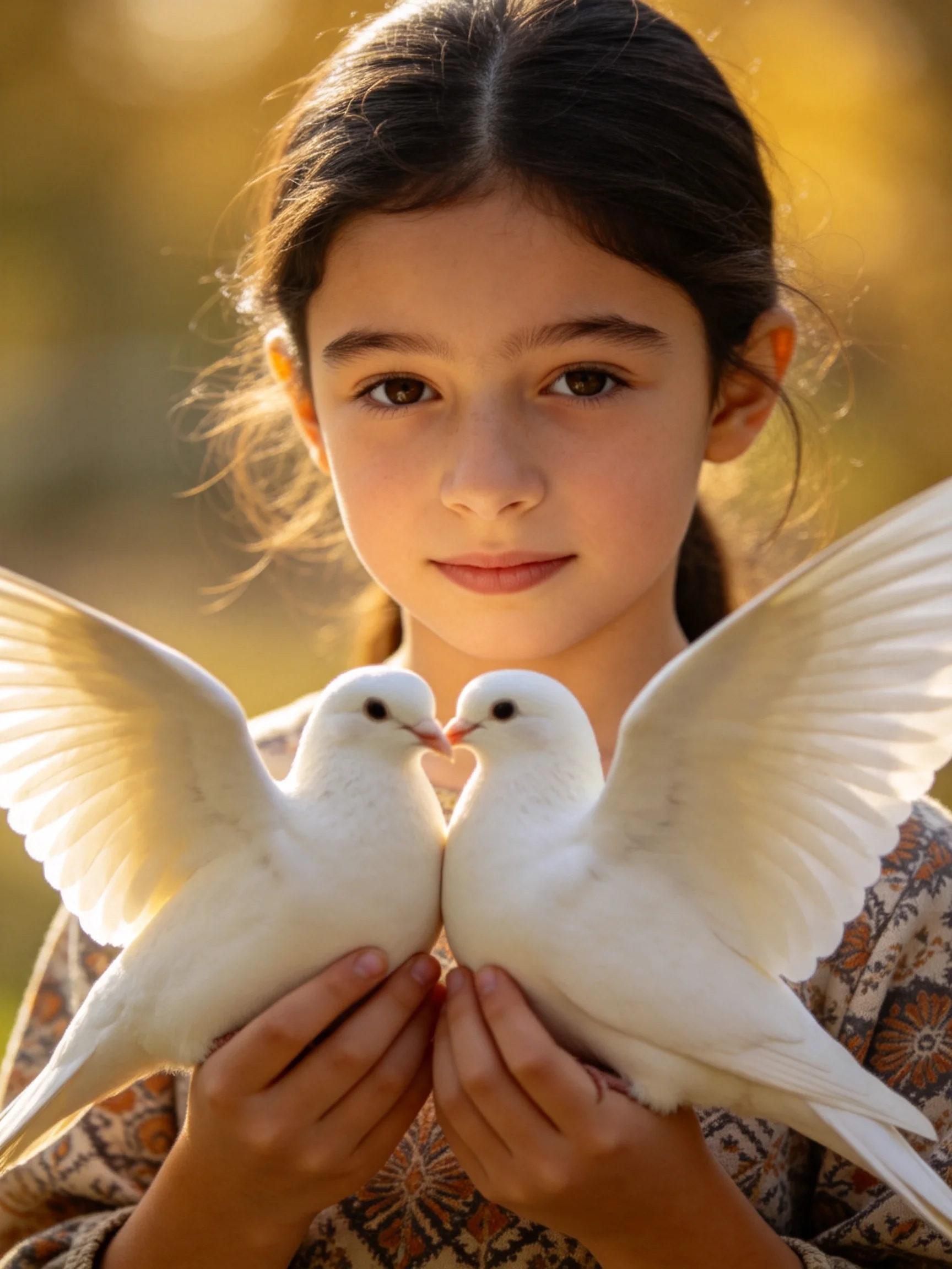 A girl holding two white doves with outstretched wings