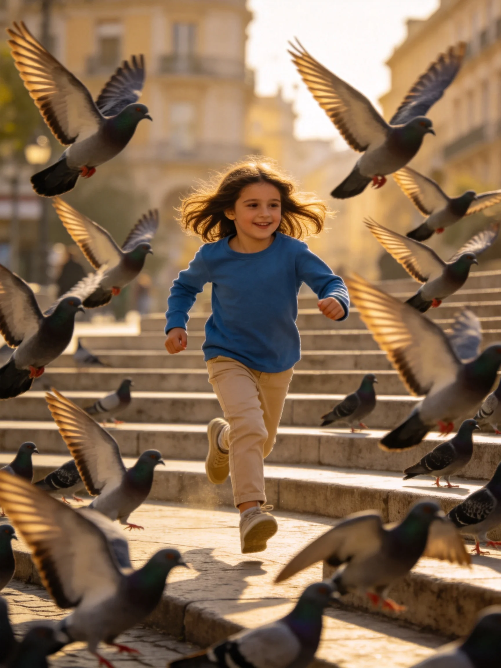 A girl in a blue shirt runs among many pigeons on stone steps