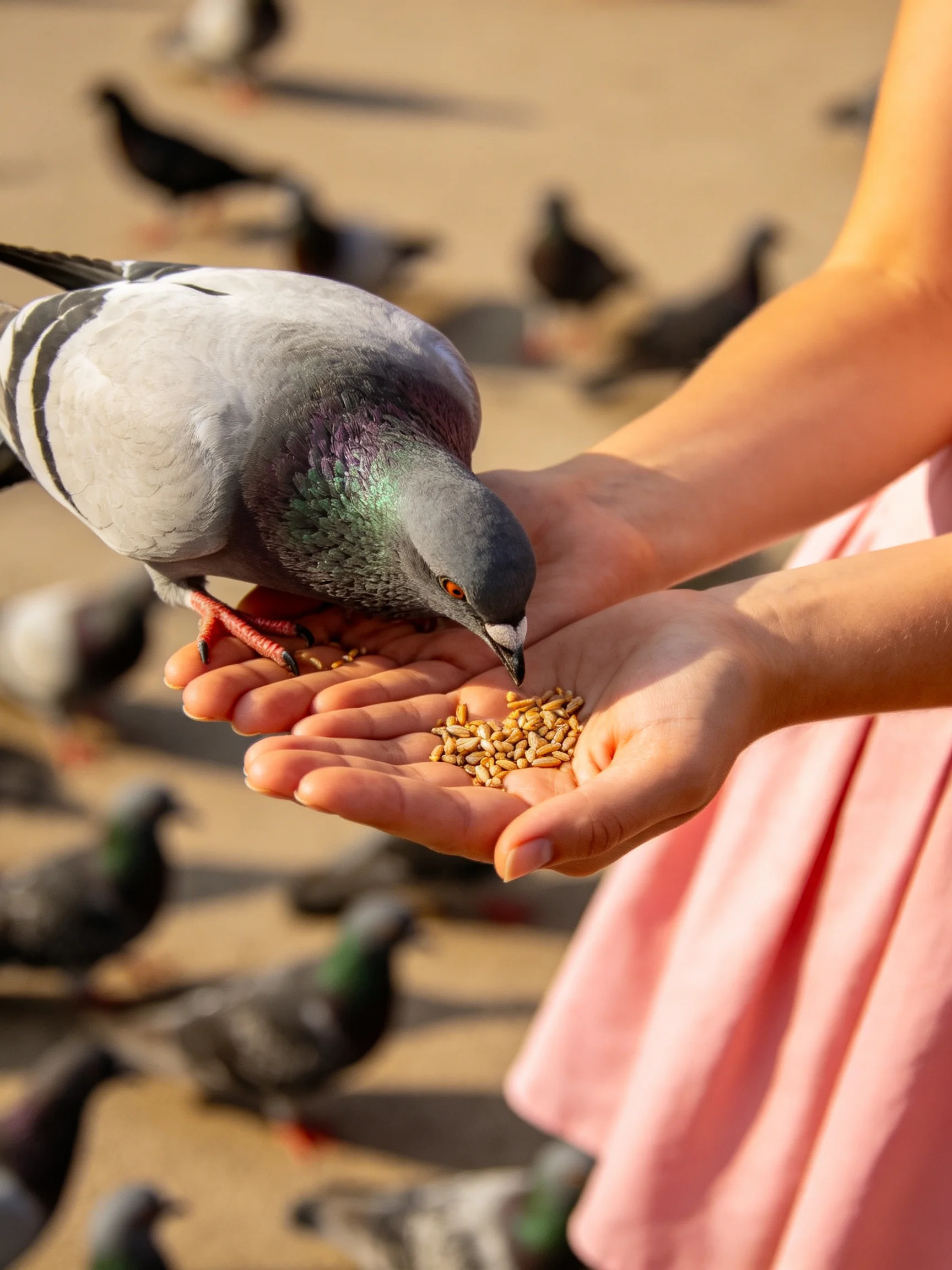 A girl in a pink dress feeds gray pigeons with golden birdseed