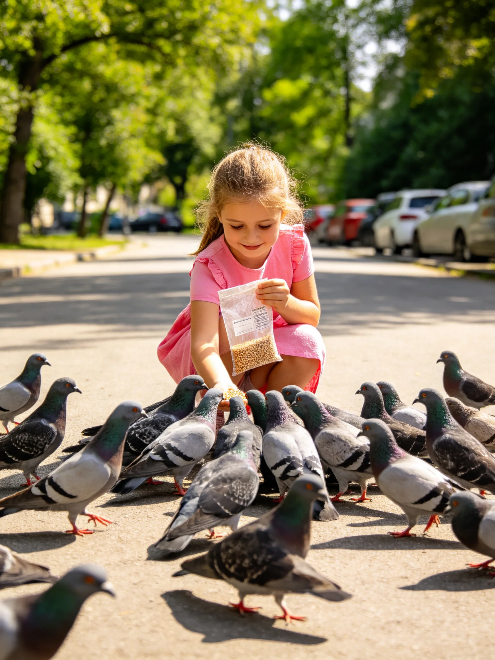 A girl in a pink dress feeds pigeons on a sunny street