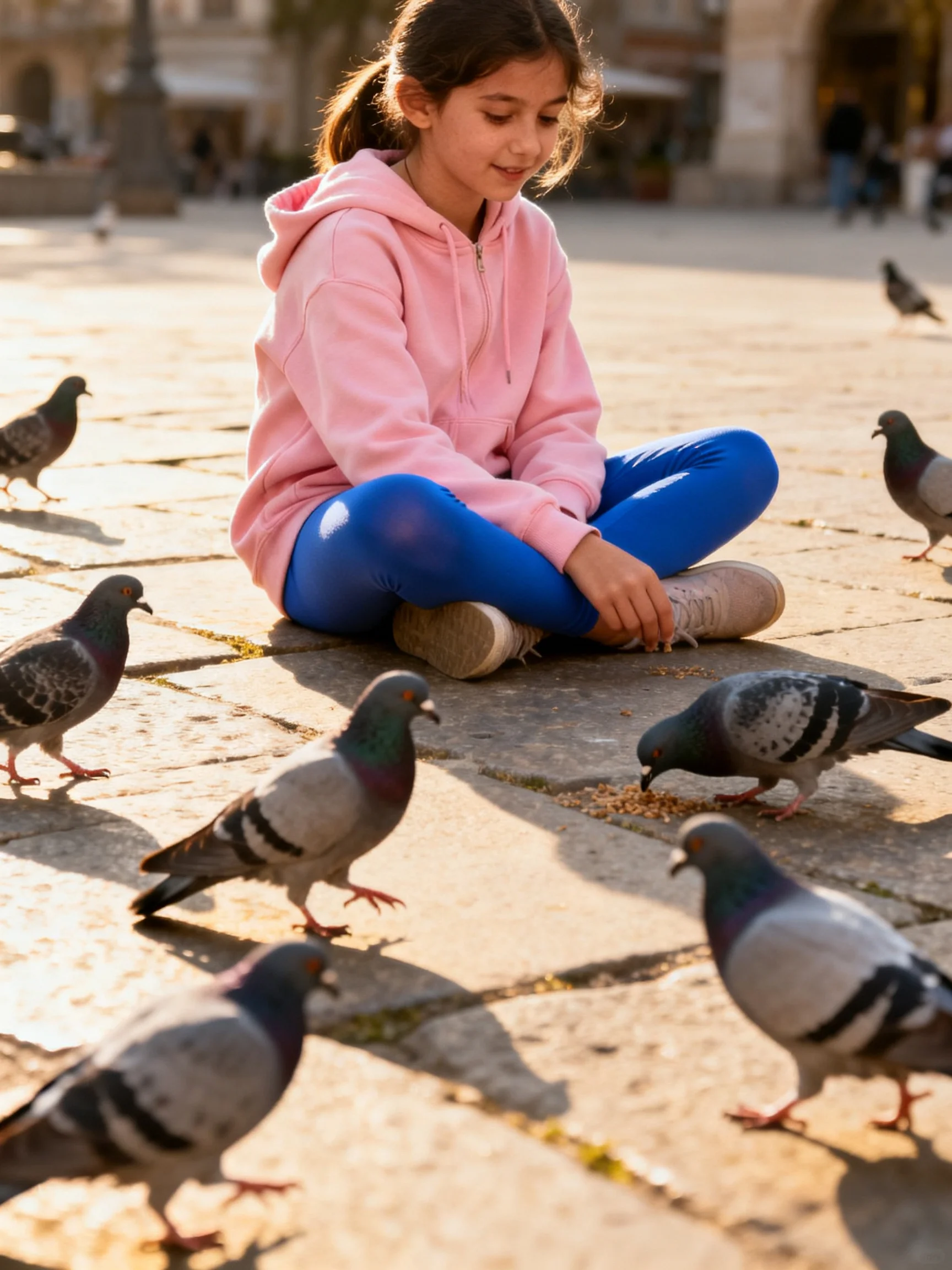 A girl in a pink hoodie feeds multiple pigeons on a stone plaza