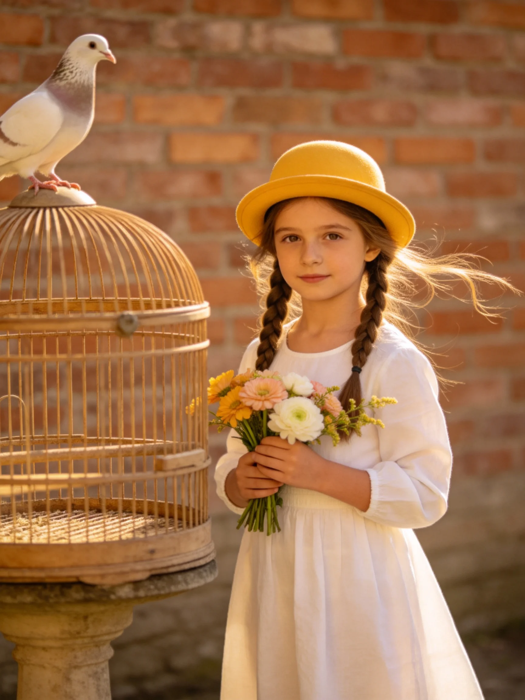 A girl in a white dress holds flowers beside a wooden birdcage with a pigeon