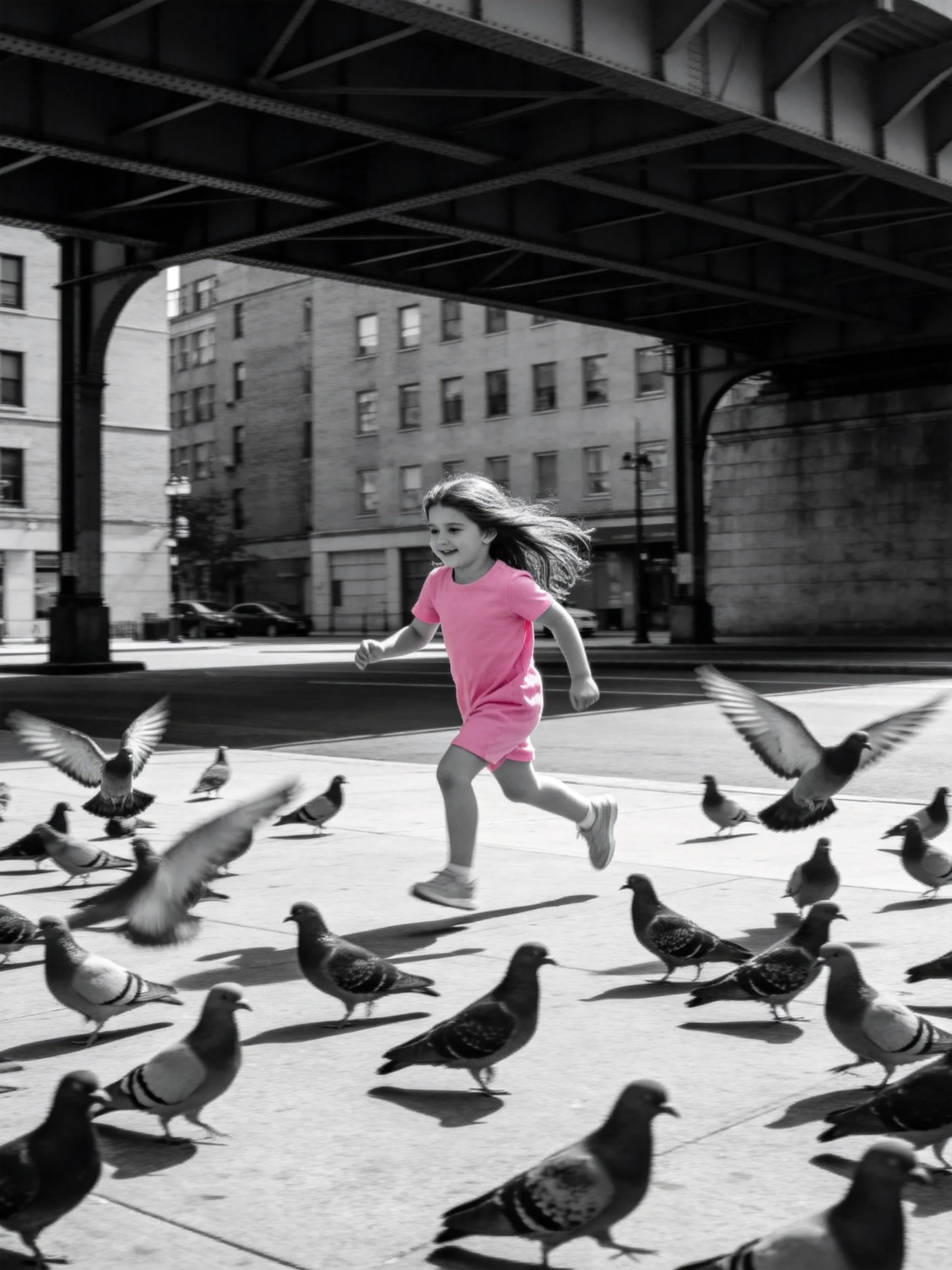 A girl in pink runs among numerous pigeons under an urban overpass