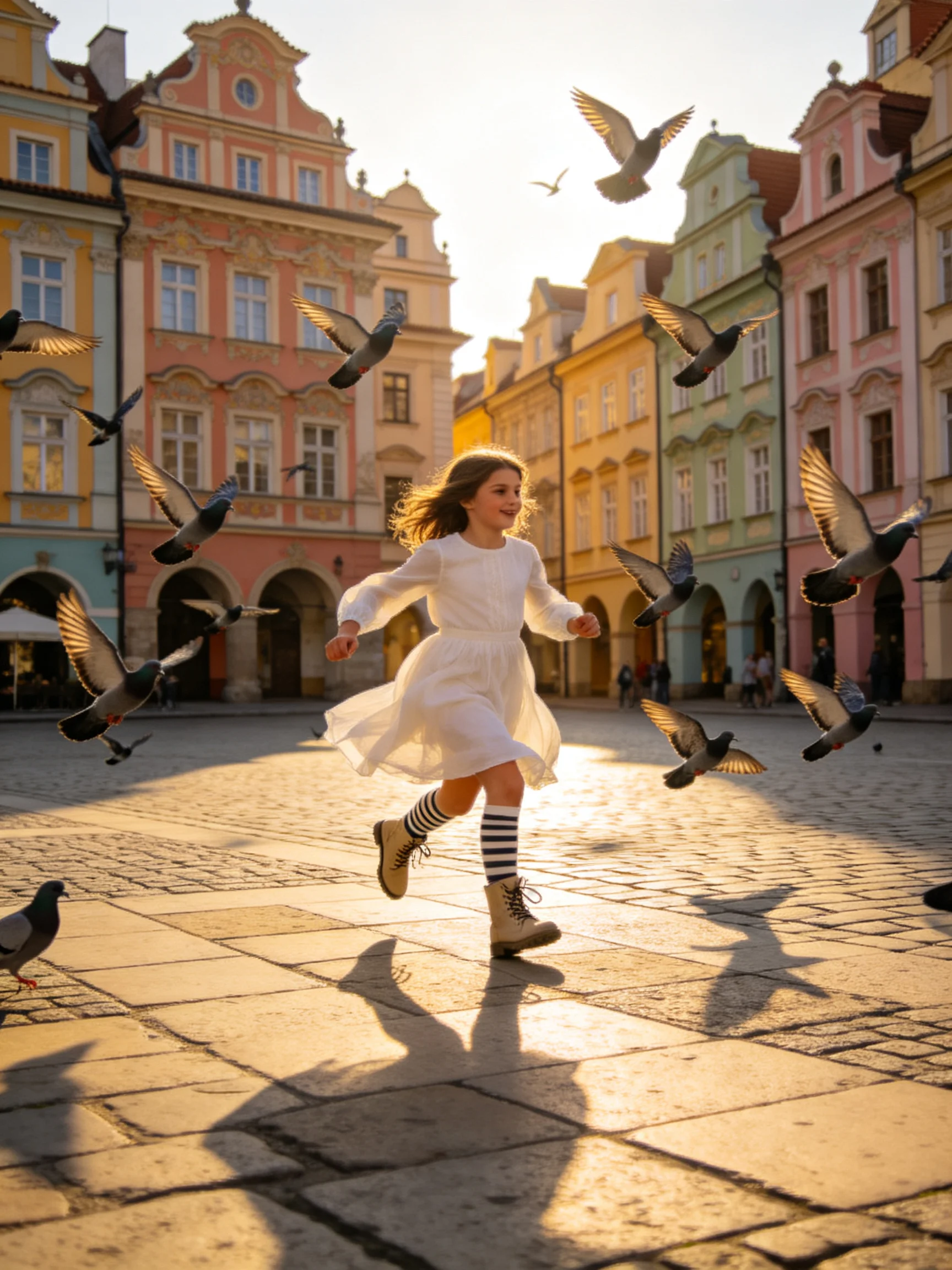 A girl in white dress running among many pigeons near colorful historic buildings
