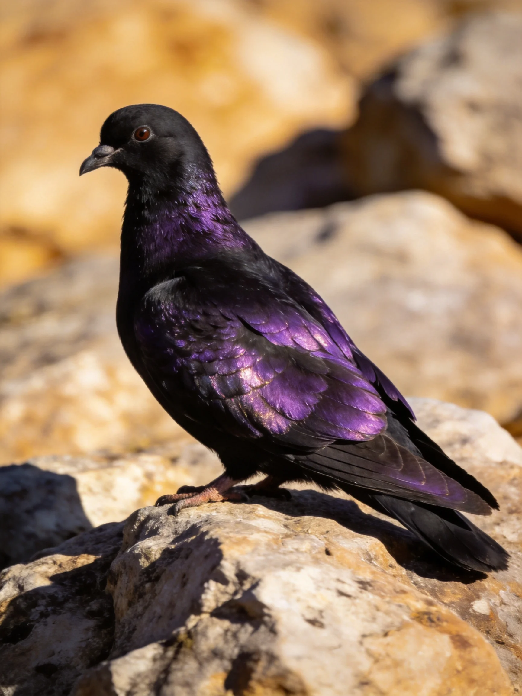 A glossy black and iridescent purple pigeon on rugged rocks