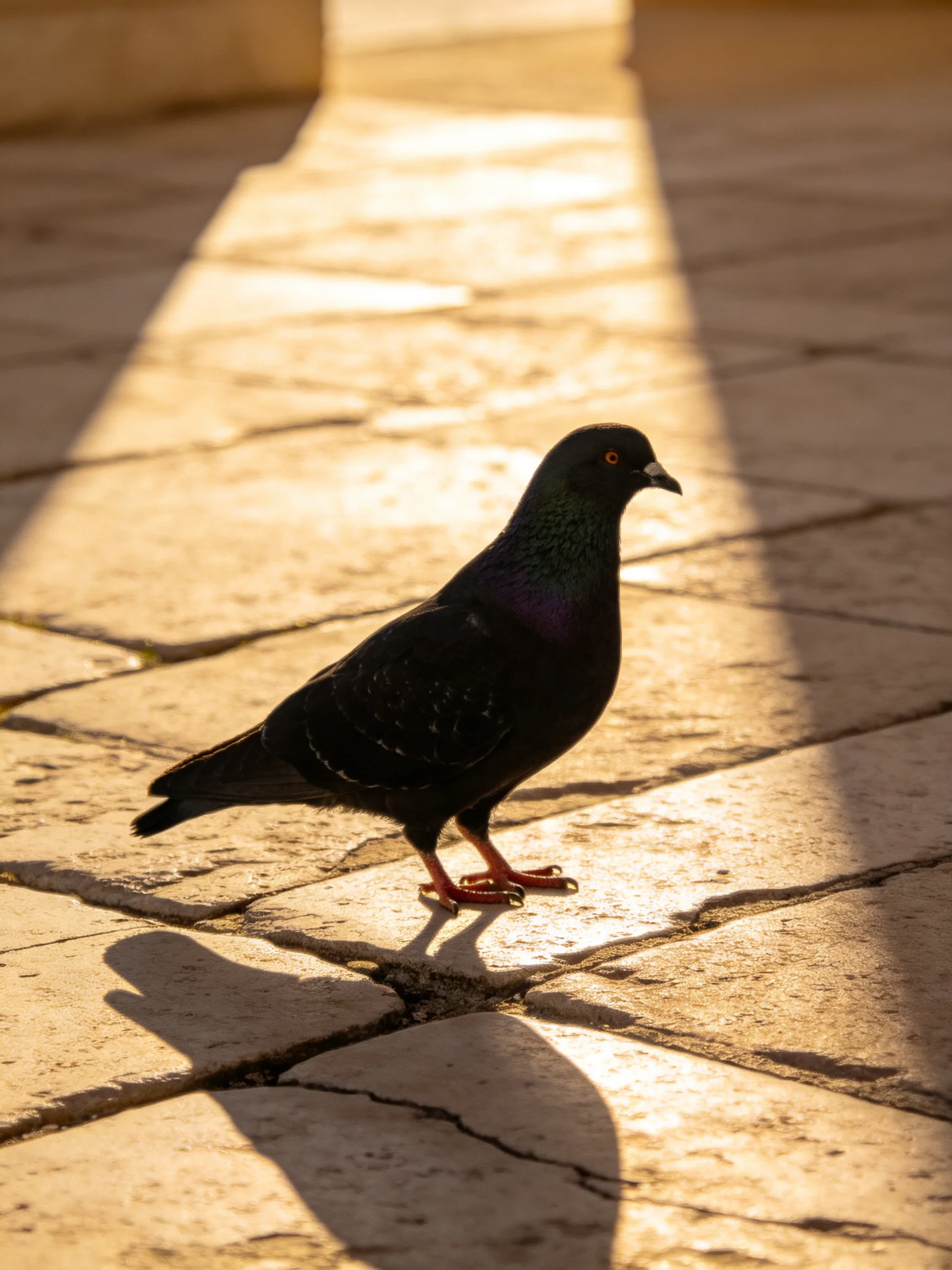 A glossy black pigeon on sunlit stone pavement
