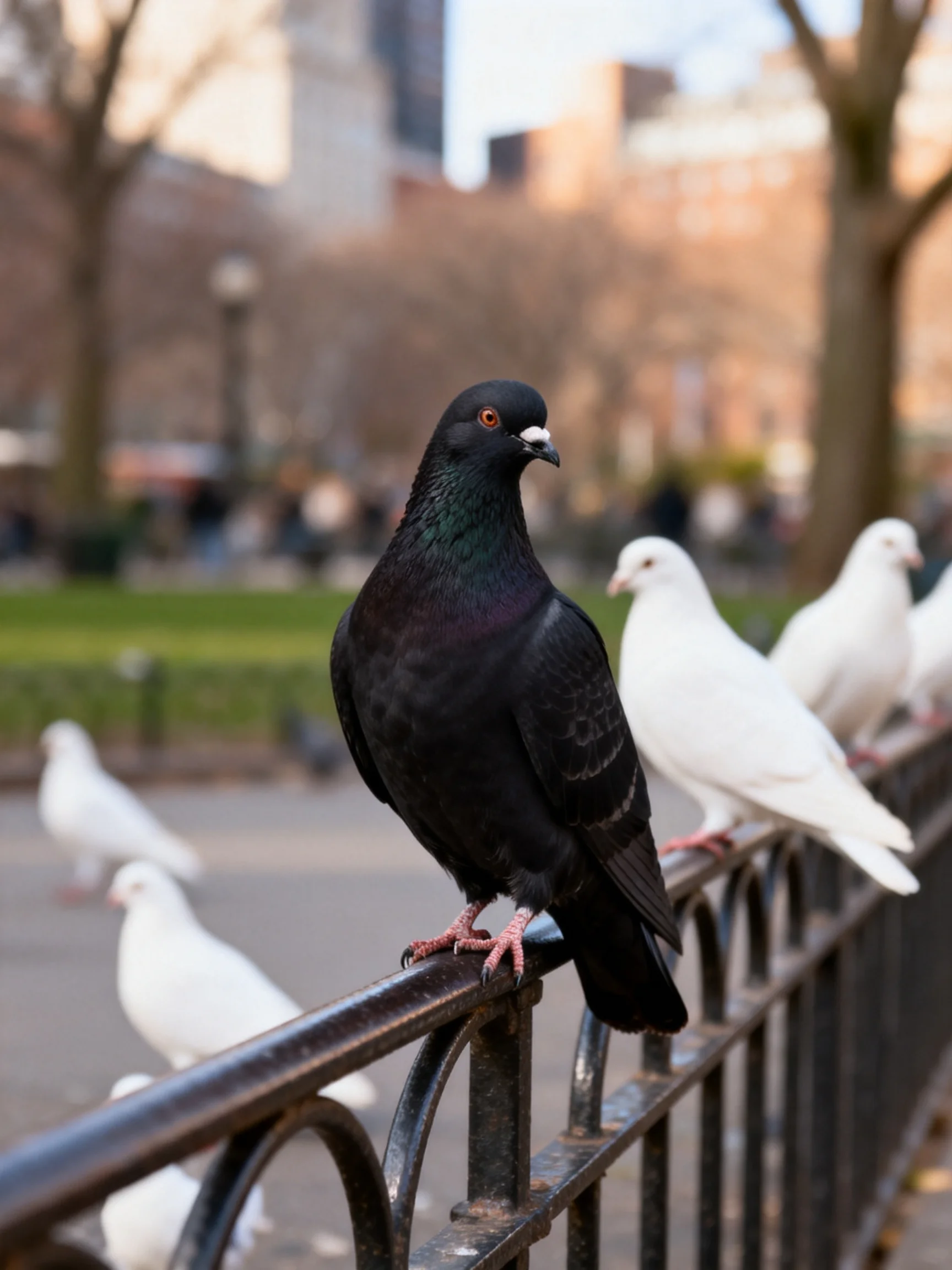 A glossy black pigeon stands out among white pigeons on a metal fence in a city park.