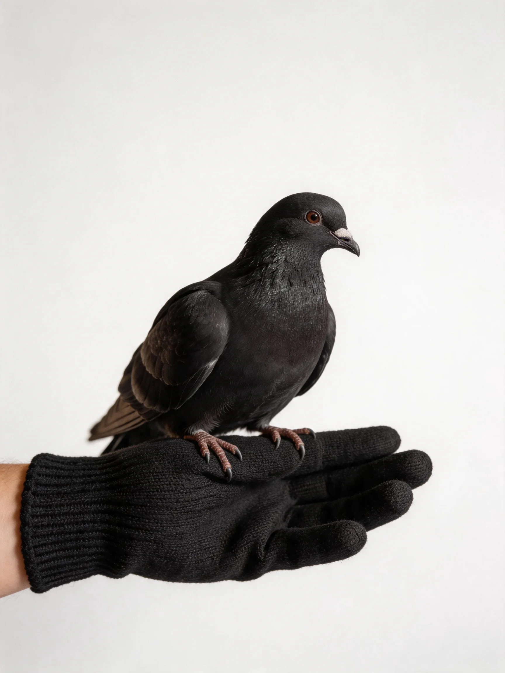 A black pigeon calmly sits on a gloved hand in a simple, bright environment.