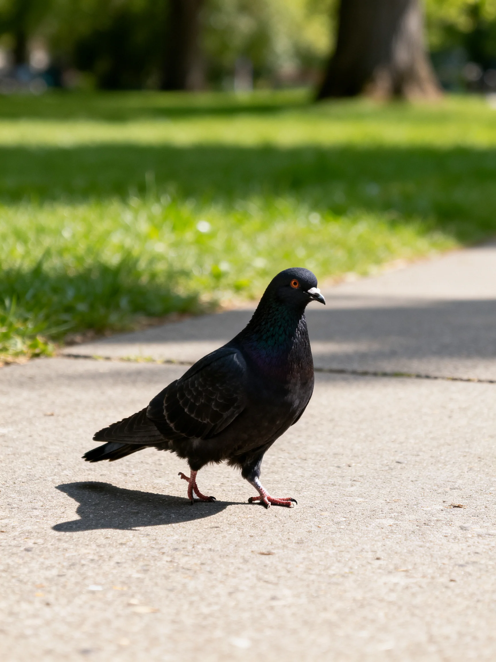 A glossy black pigeon walks on a sunlit concrete path near lush grass