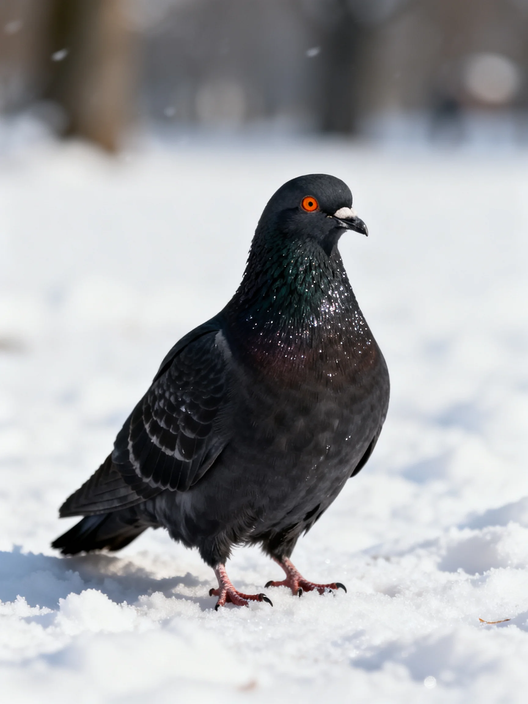 A glossy black pigeon stands on snowy ground in a wintry setting.
