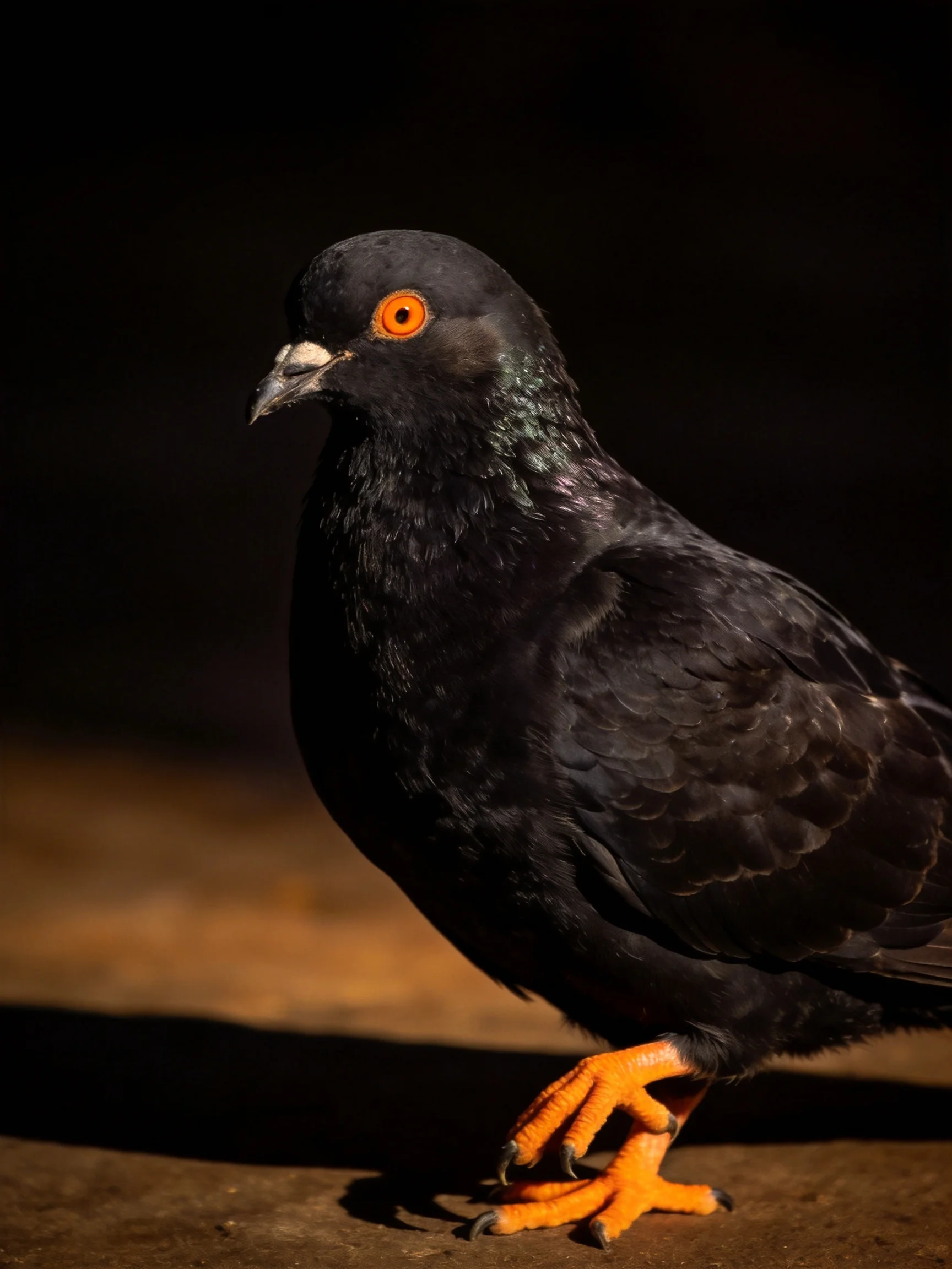A glossy black pigeon stands out against a dark background.