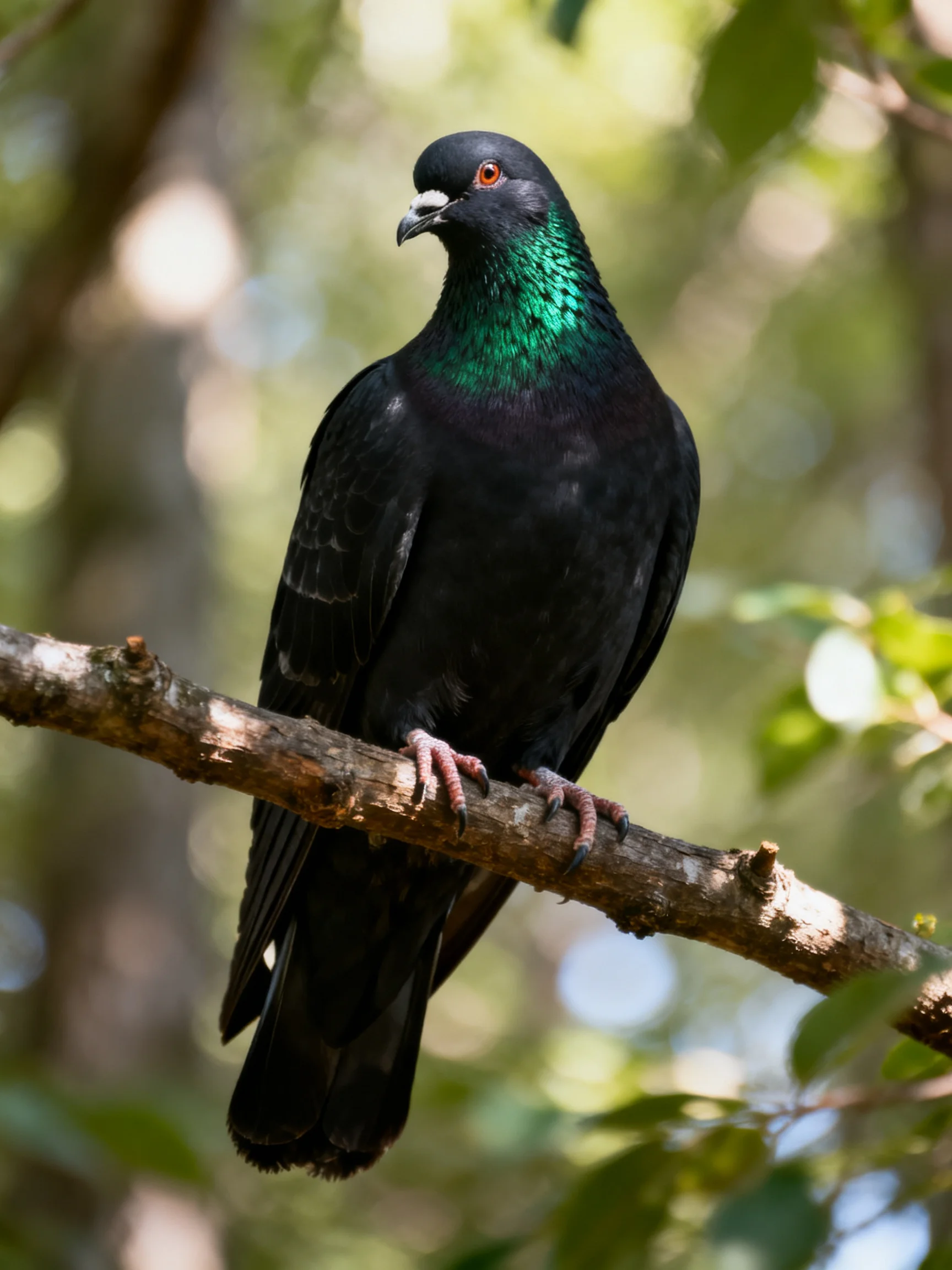 A glossy black pigeon with iridescent green neck perched on a tree branch