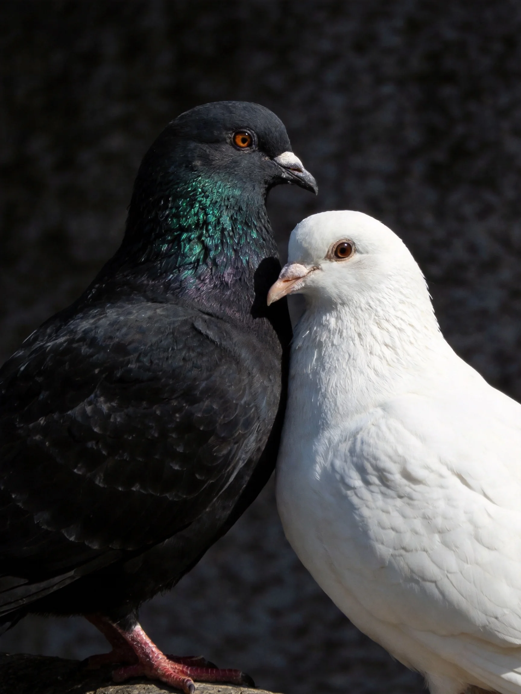 A glossy black pigeon with iridescent neck beside a pristine white pigeon