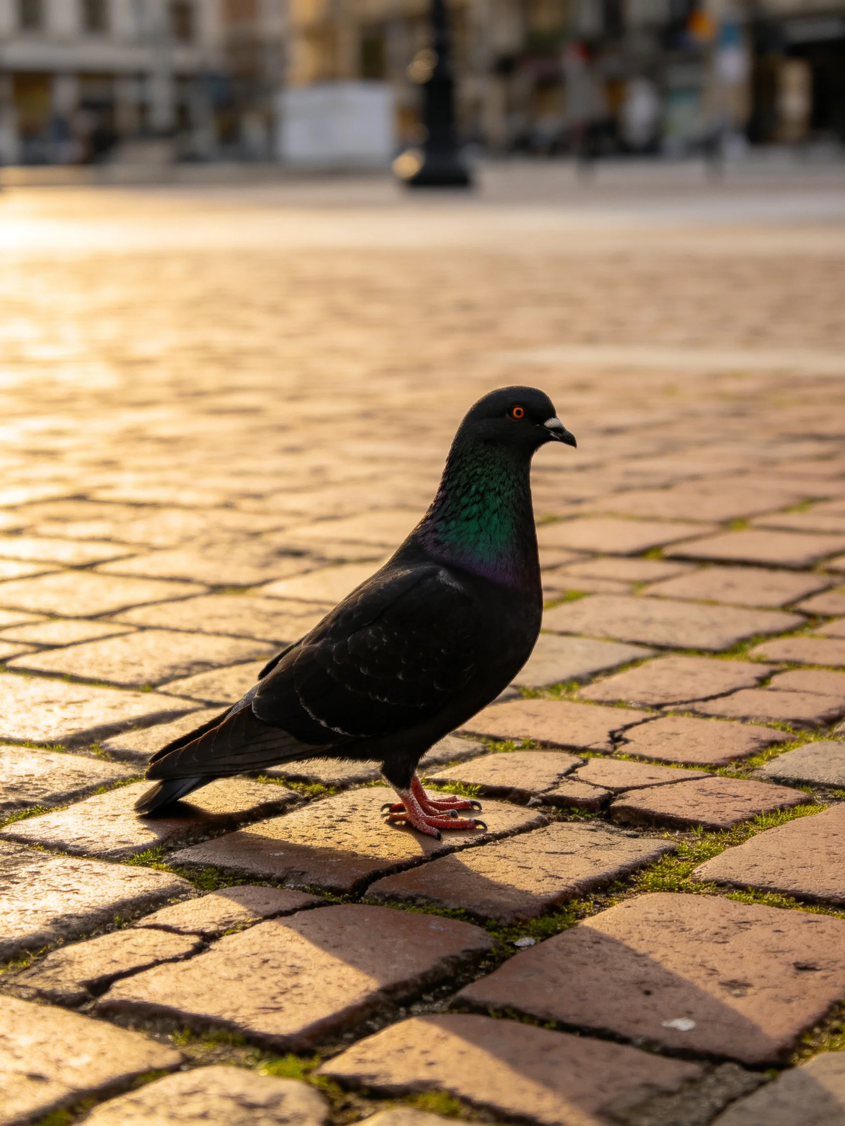 A glossy black pigeon with iridescent neck stands on aged cobblestone pavement