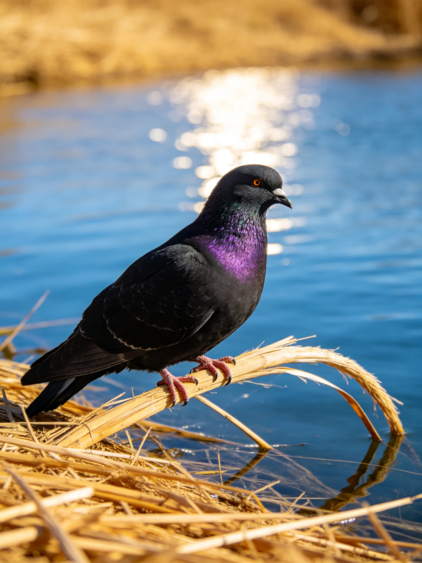 A glossy black pigeon with a purple neck rests on golden reeds by calm blue water.
